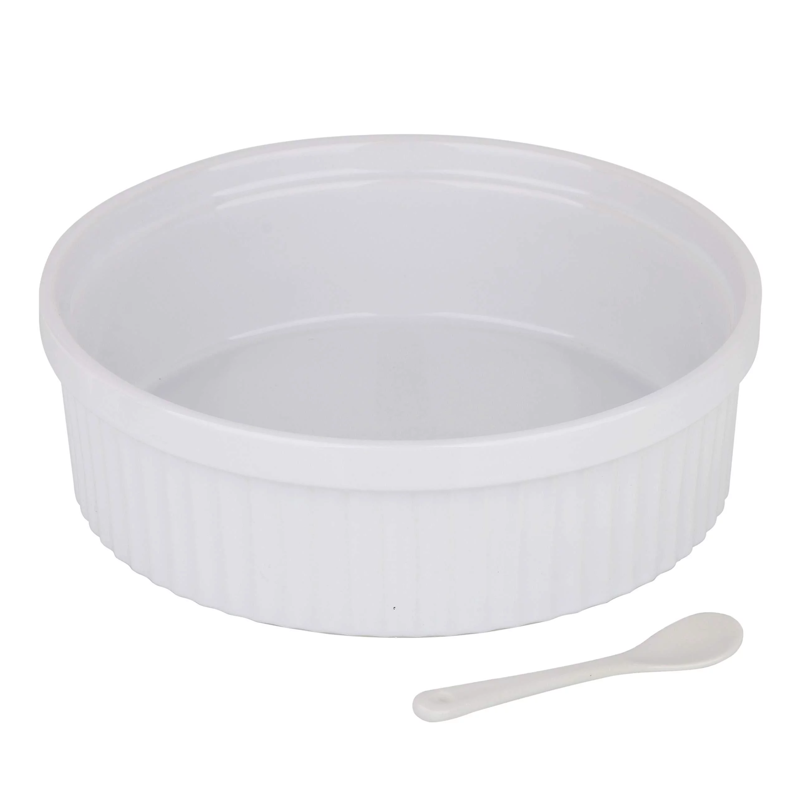 Souffle Dish Ramekins for Baking - 48 Oz, 1.5 Quart Large Ceramic Oven Safe Round Fluted Ramekin Bowl with Mini Condiment Spoon for Souffle Pot Pie Casserole Pasta Roasted Vegetables Baked Desserts