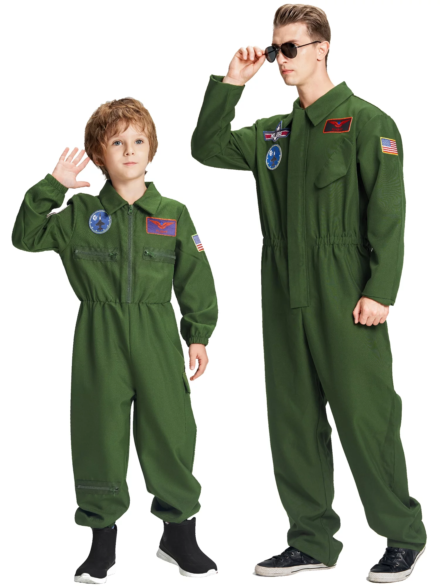 Pilot Costume Family Matching for Boys Adults Men, Airman Jet Flighter Halloween Fancy Dress Jumpsuit Party Carnival M
