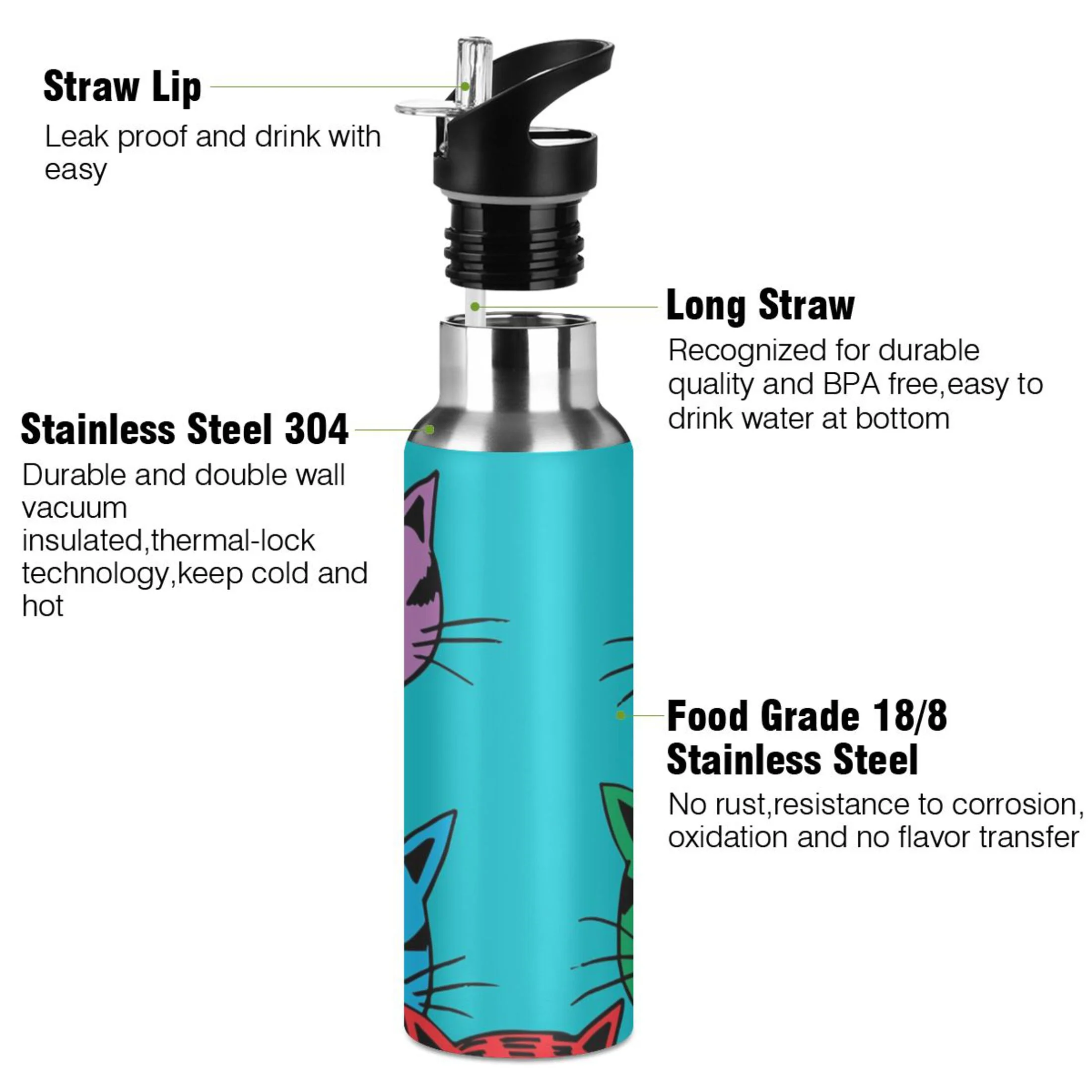 Water Bottle with Straw Lid Leak Five Colorful Cartoon Cats Stainless Steel Insulated Thermos Vacuum Flask for Cold Hot Drinking for Sports Camping Gym Yoga