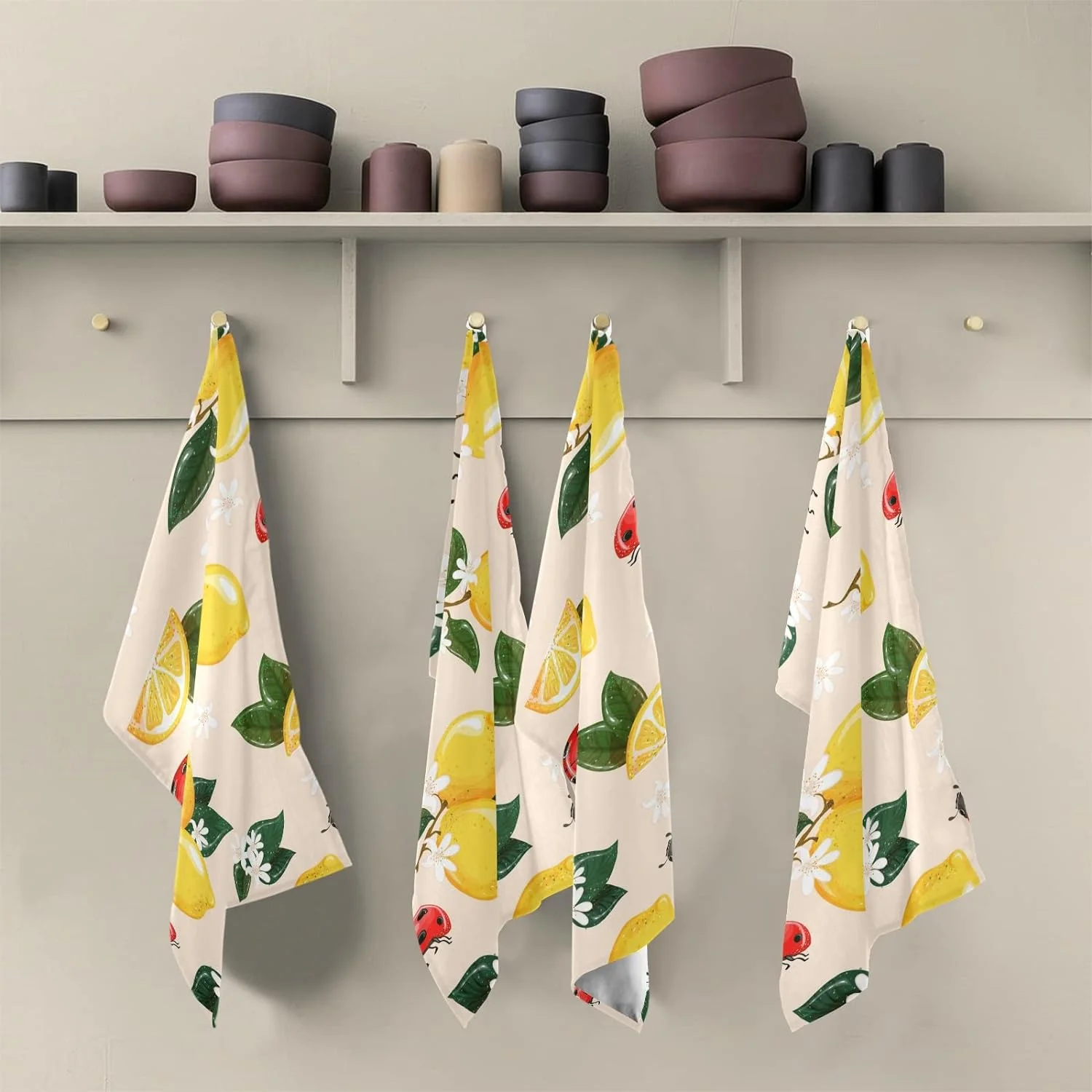 Tropical Yellow Lemons Tea Towels Set of 6 Ladybug Beige Flower Kitchen Dish Cloth with Hanging Loop, 18