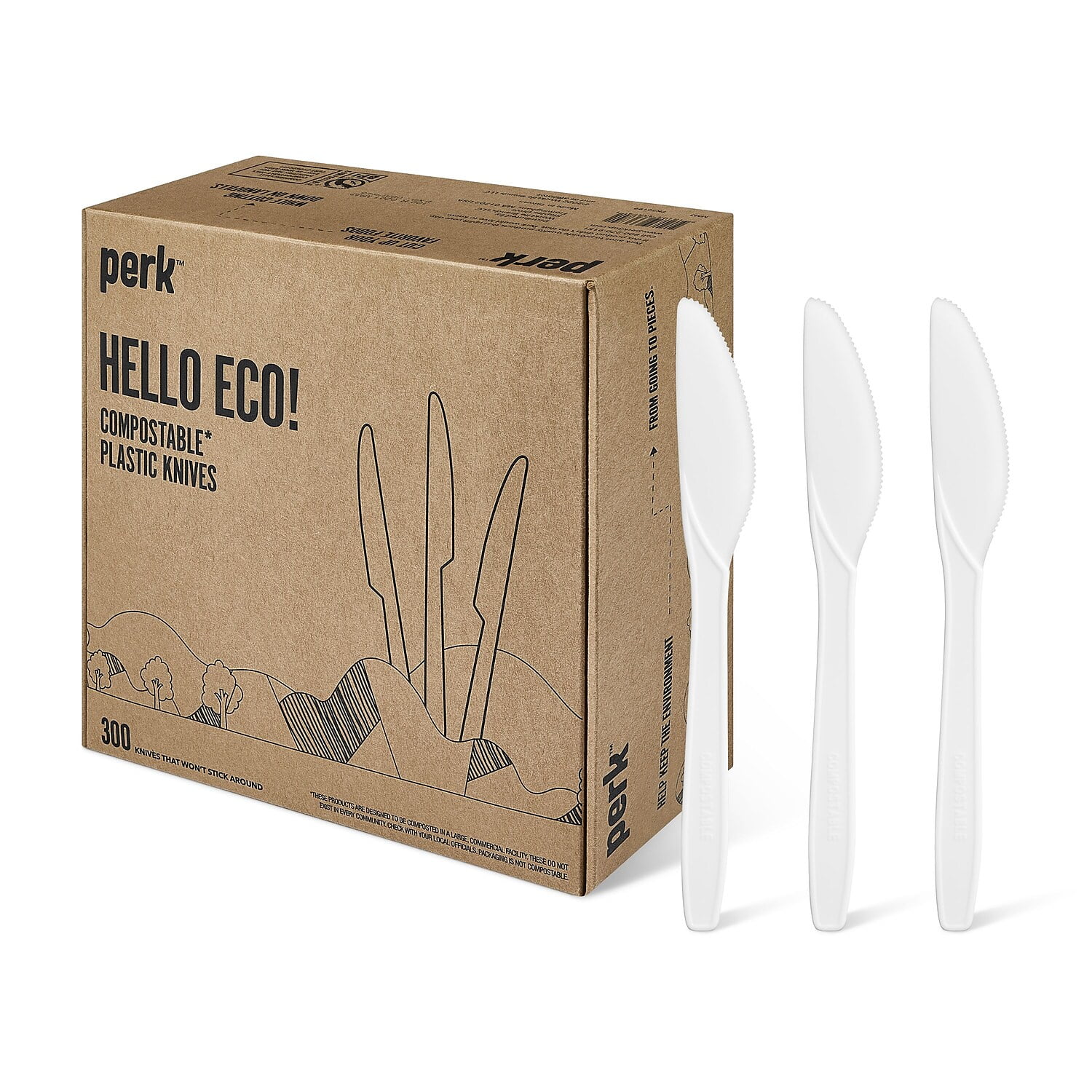 Perk Eco-ID Compostable Cutlery, Knife, White, 300/Pack (PRK24394130)