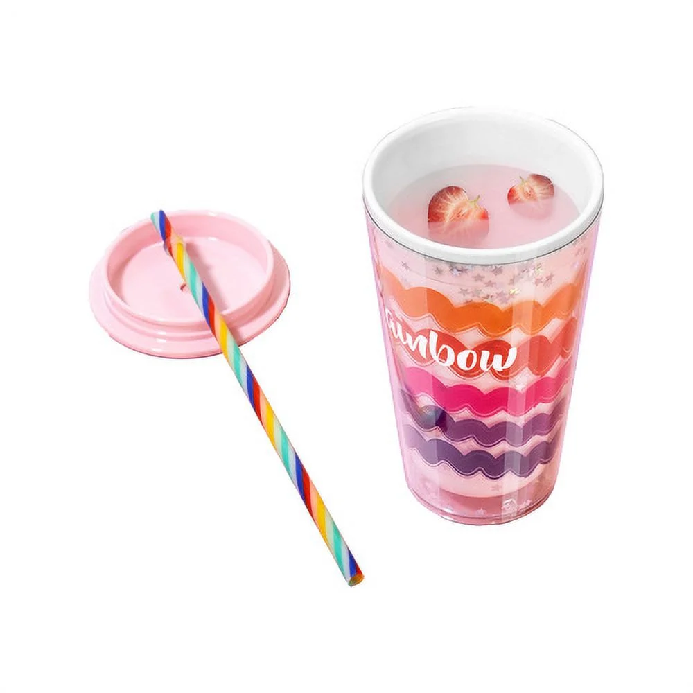 600ML Water Cup Rainbow Wave Print Double Wall Plastic Toddler Feeding Bottle Drinkware Accessories