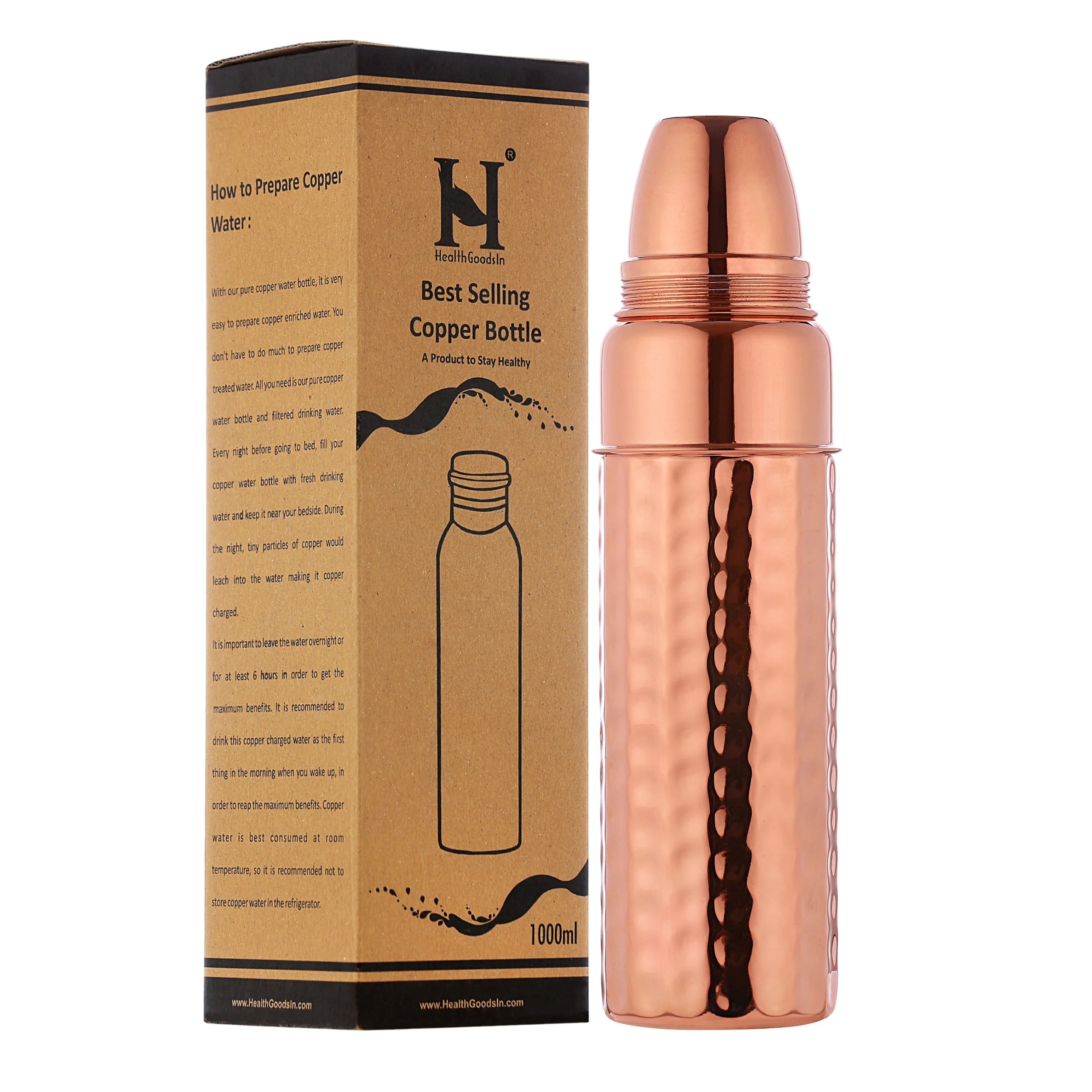 Pure Copper Hammered Thermos Bottle for Ayurvedic Benefits (900 ML/30.4 FL OZ.) UNLINED, UNCOATED
