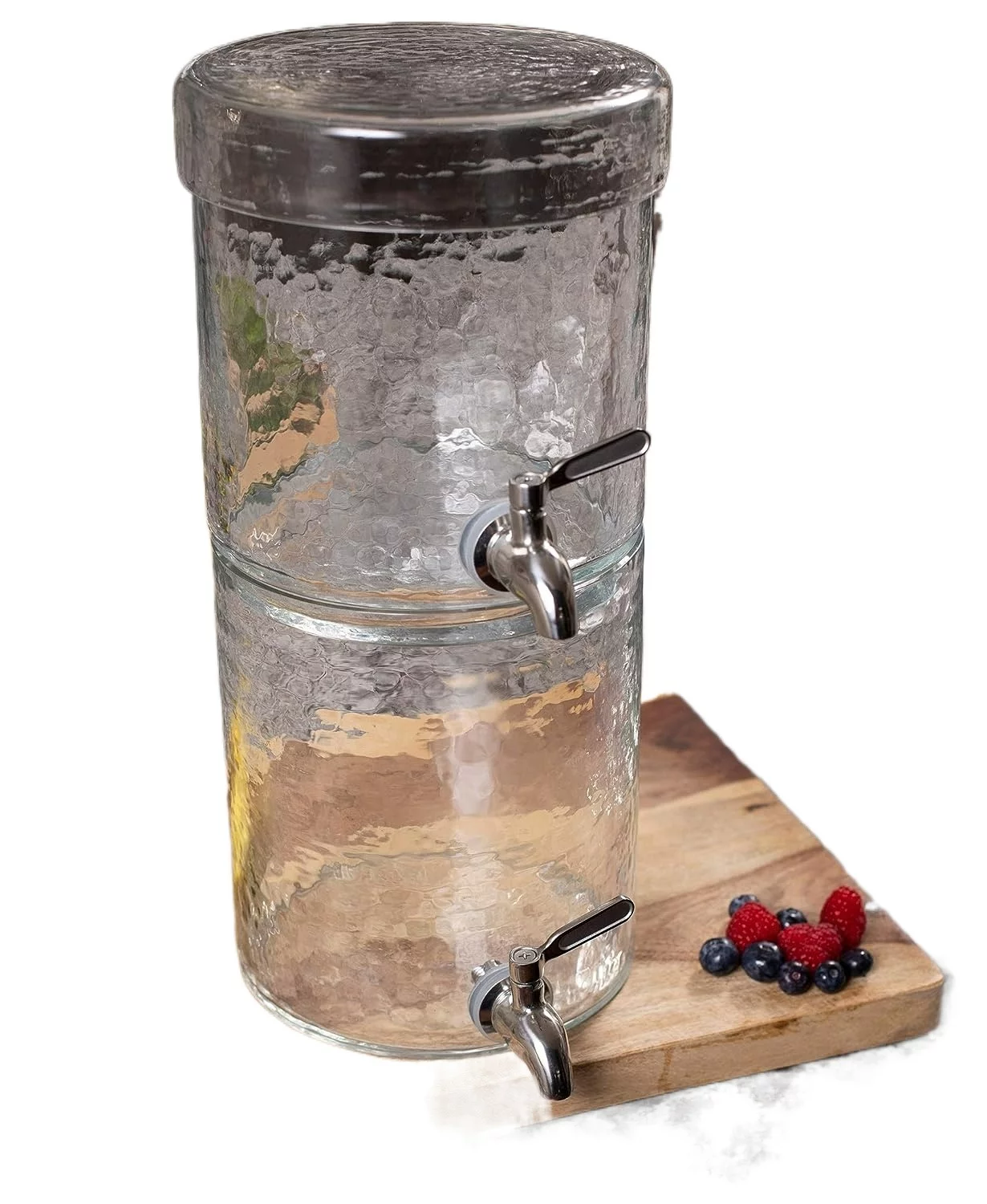 2 Gallon Stacking Beverage Dispenser with Lid - Hammered Glass - Stainless Steel Spigot - Decorative Round Jar for Drinks - Lemonade Sangria Tea Water Drink Jar Jug - Home Parties