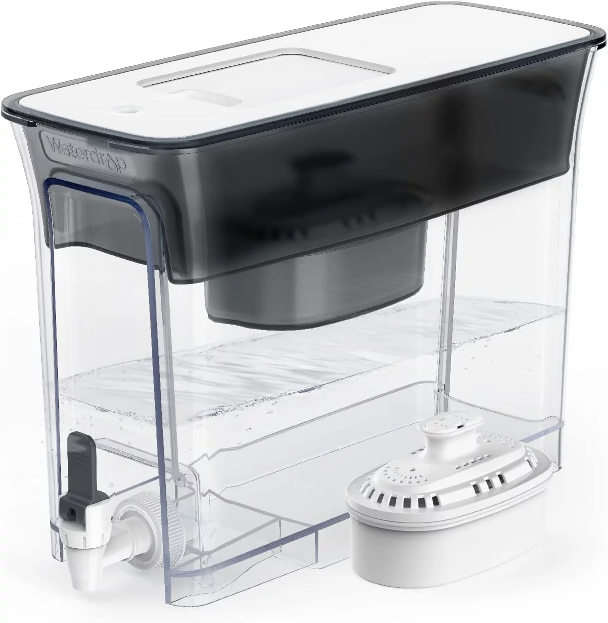 Waterdrop Slim Water Filter Dispenser, Large 18-Cup, 200-Gallon Long-Life, 5X Times Lifetime, Reduces Fluoride, Chlorine and More, BPA Free, Black (1 Filter Included)
