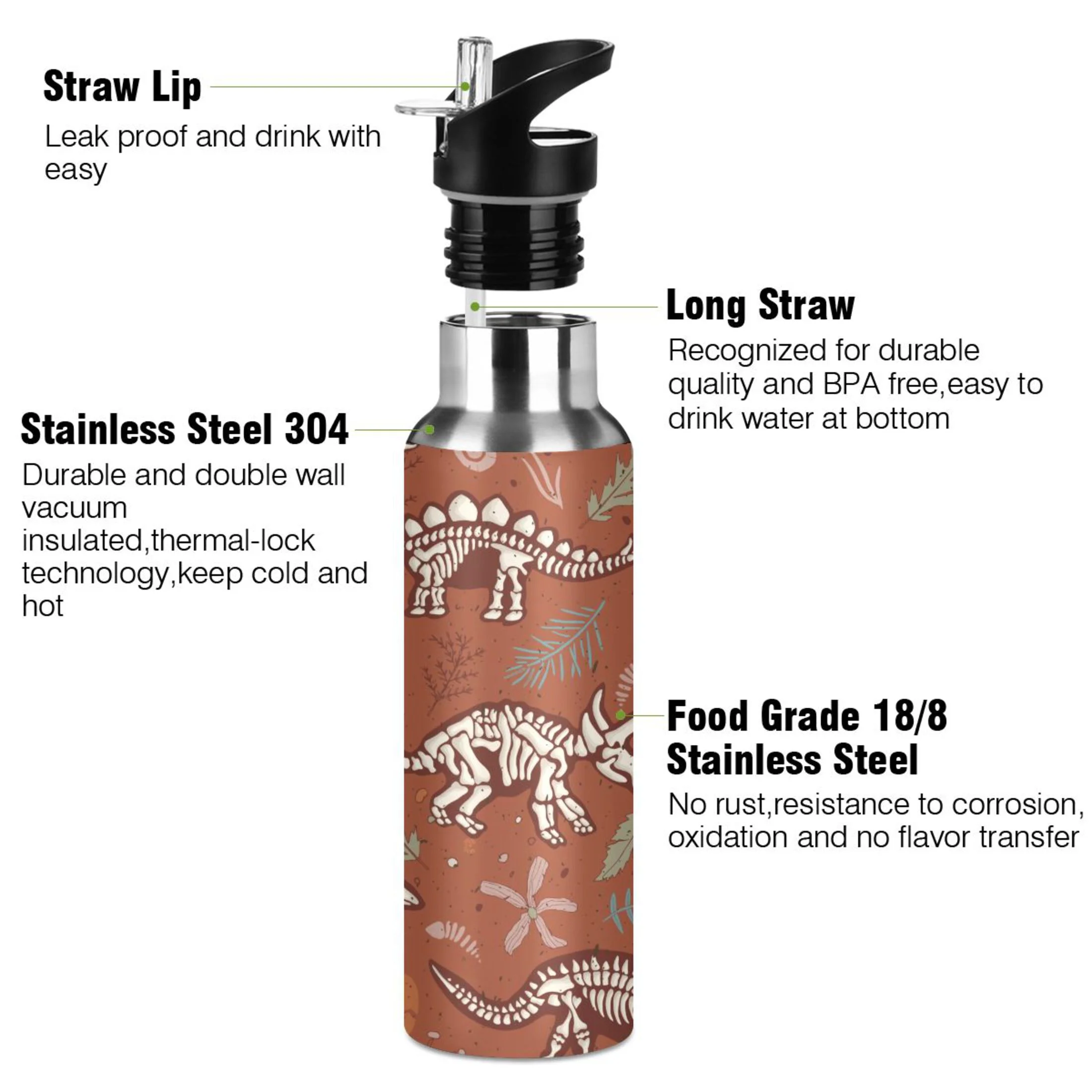 Water Bottle with Straw Lid Leak Dinosaur Skeleton Flower Stainless Steel Insulated Thermos Vacuum Flask for Cold Hot Drinking for Sports Camping Gym Yoga