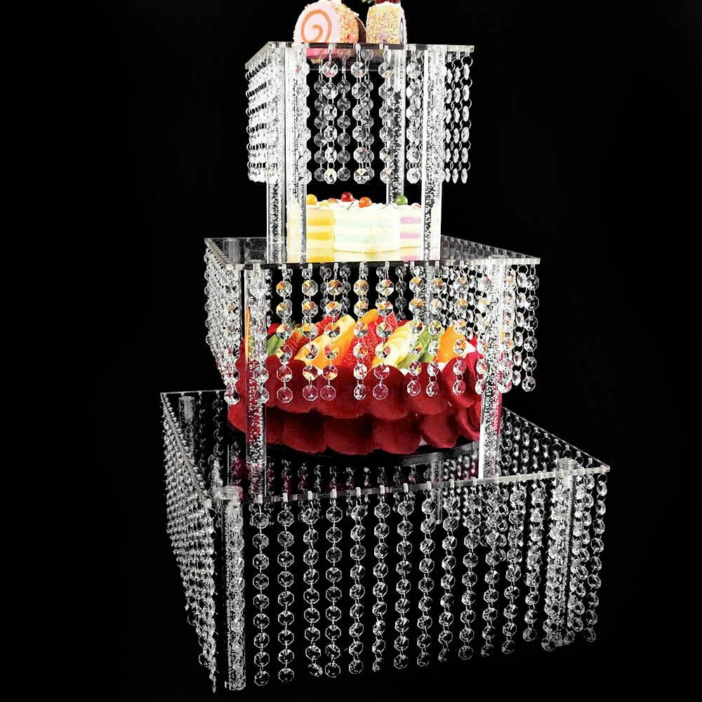 Miumaeov Set of 3 Clear Acrylic Cake Stands Square Cupcake Stands Dessert Display with Crystal Pendants
