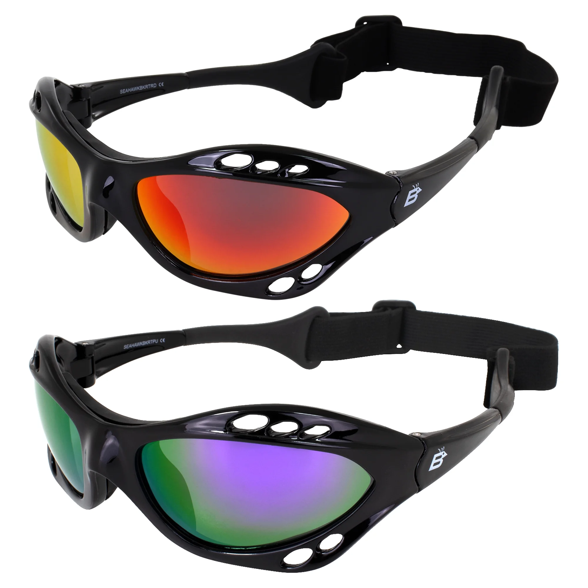 2 Pairs Birdz Seahawk Padded Polarized Sunglasses w/Strap Water Sports Surfing Kayaking Jetski Black w/Red & Purple Mirror Lenses