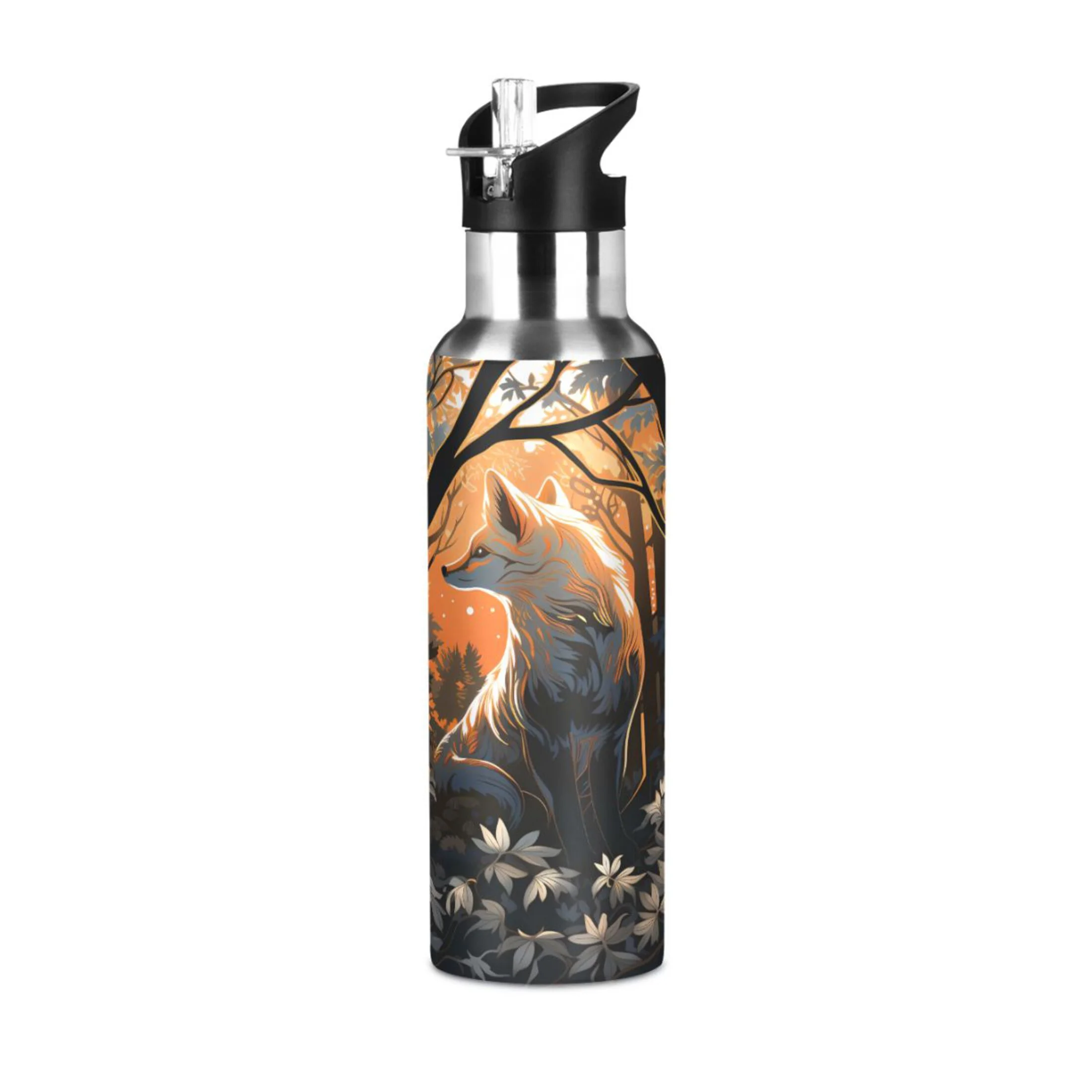 Water Bottle with Straw Lid Leak Wolf on Forest Flowers Stainless Steel Insulated Thermos Vacuum Flask for Cold Hot Drinking for Sports Camping Gym Yoga