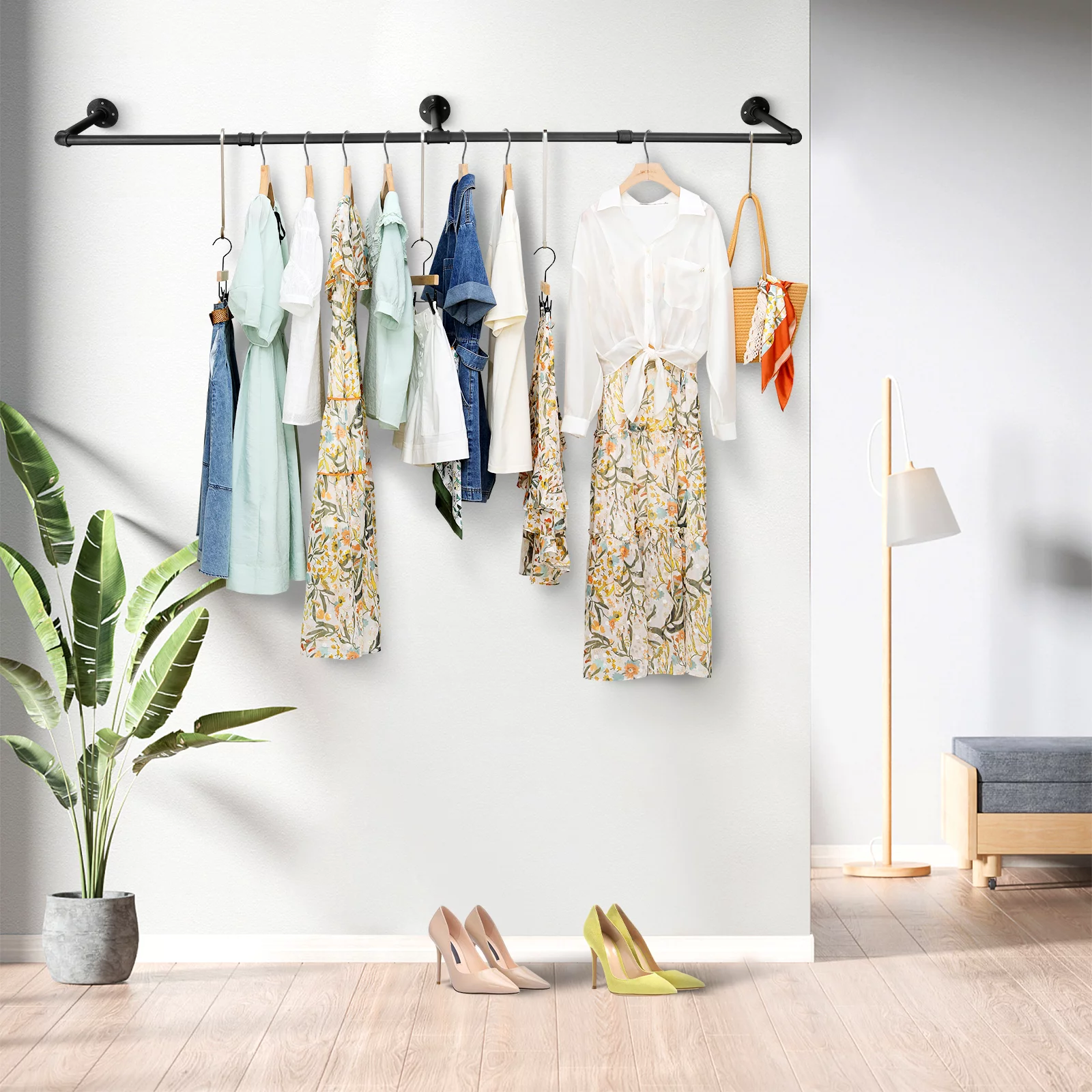 Industrial Pipe 72'' L Clothes Rack, Wall Mounted Heavy Duty Metal Garment Display Hanging Rod Bar, Max Load 135lbs (Black)