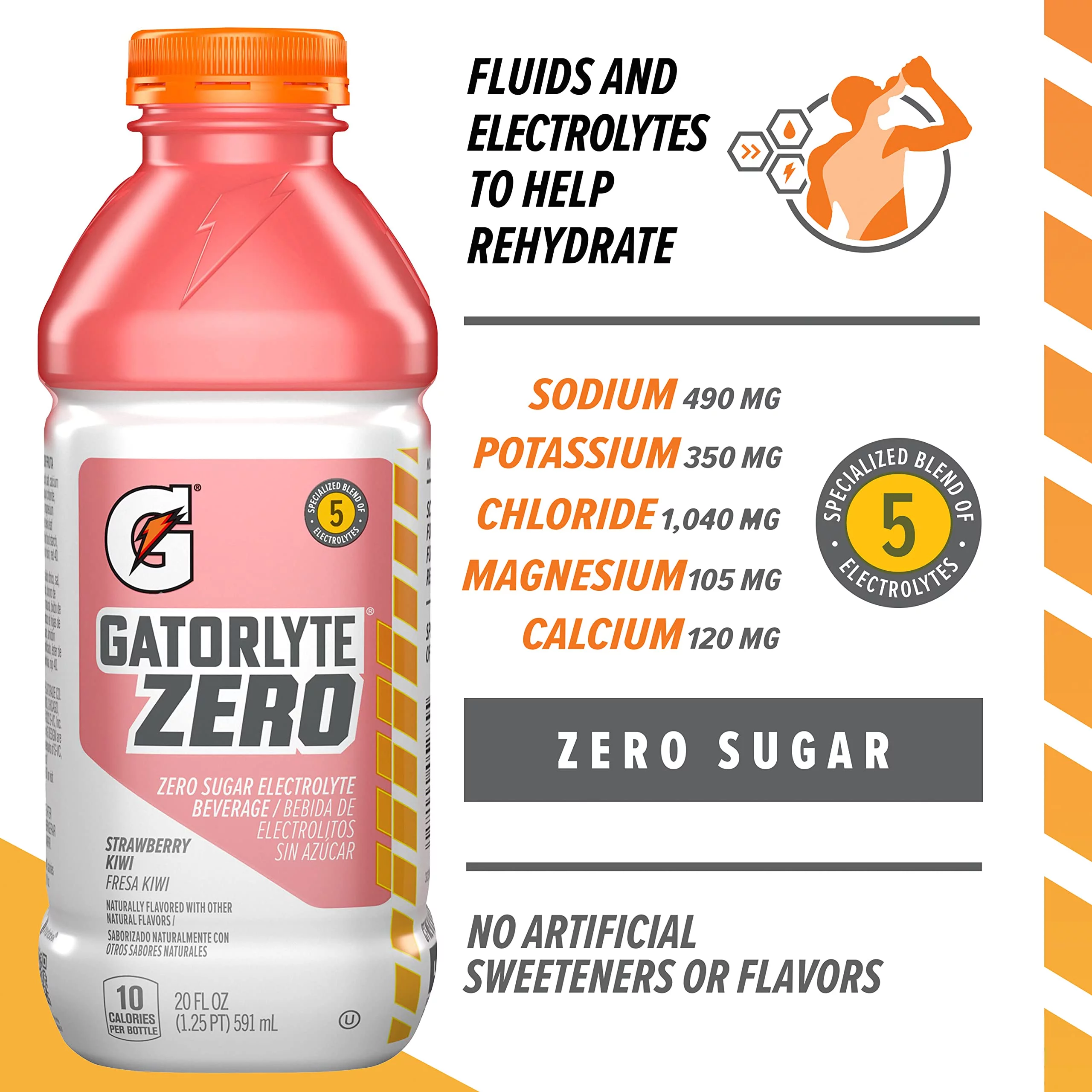 Gatorlyte Zero Electrolyte Beverage, Strawberry Kiwi, Zero Sugar Hydration, Specialized Blend Of 5 Electrolytes, No Artificial Sweeteners Or Flavors, 20Oz Bottles (12 Pack)?