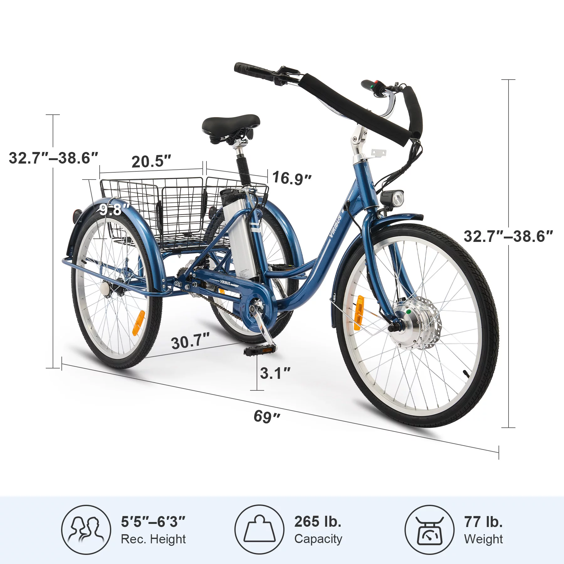 VIRIBUS 24 Inch Adult Trike 350W Dual Chain Electric Tricycle 36V 10Ah Navy