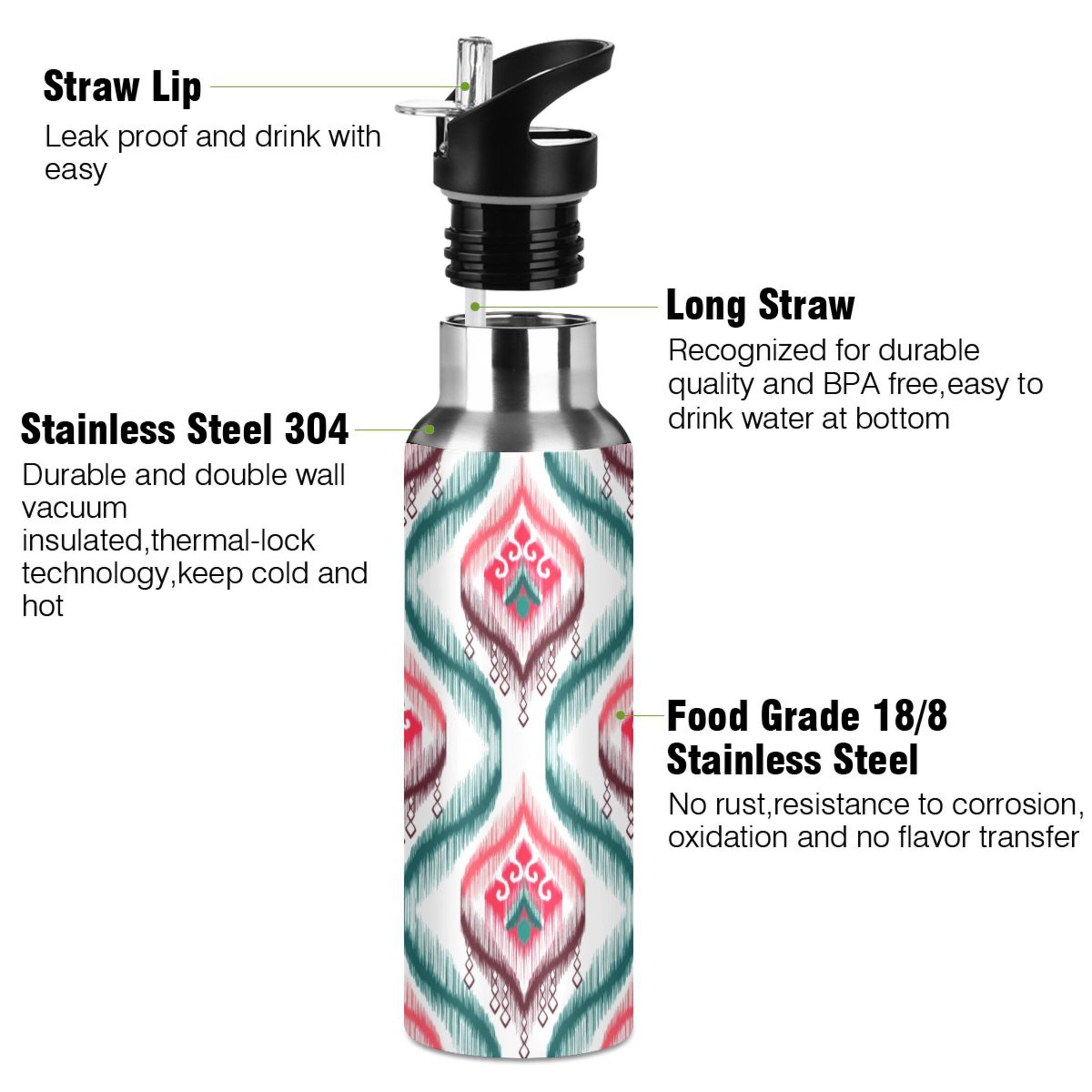 Tribal Ethnic Bohomia Water Bottles Insulated Thermos Kids Stainless Steel Bottle with Straw Lid Flask Leakproof for Sports Gym 20 oz