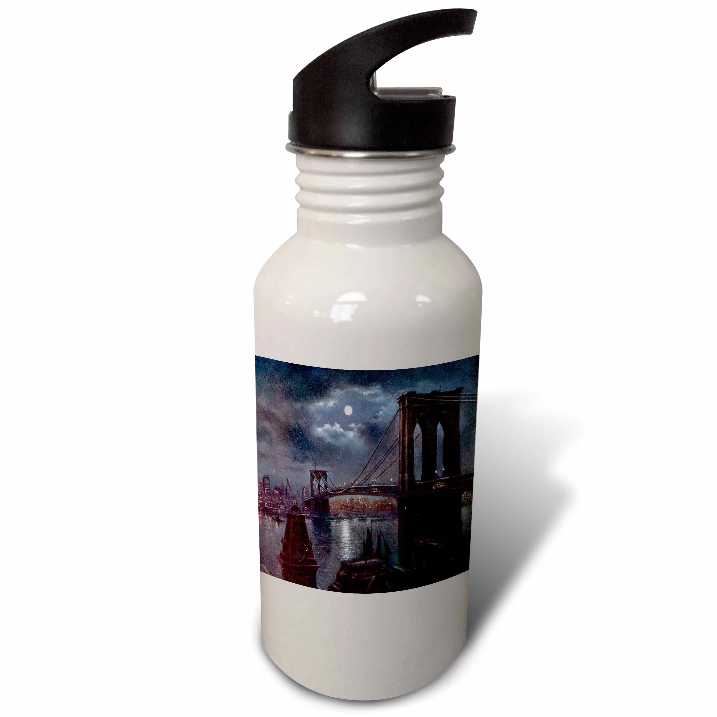 Brooklyn Bridge and the River At Night with a Full Moon  21 oz Sports Water Bottle wb-170443-1