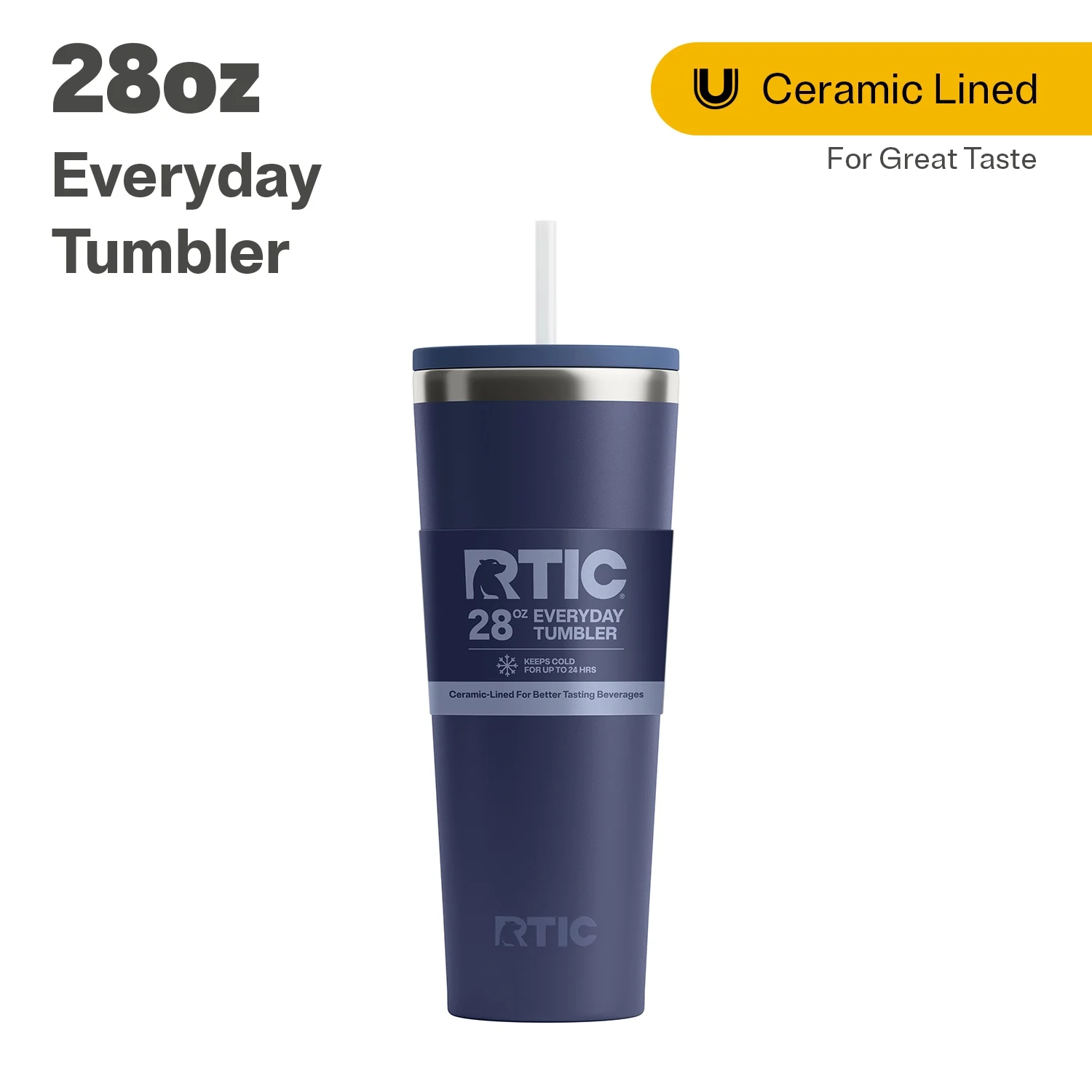 RTIC 28 oz Ceramic Lined Everyday Tumbler, Spill-Resistant Straw Lid, Navy