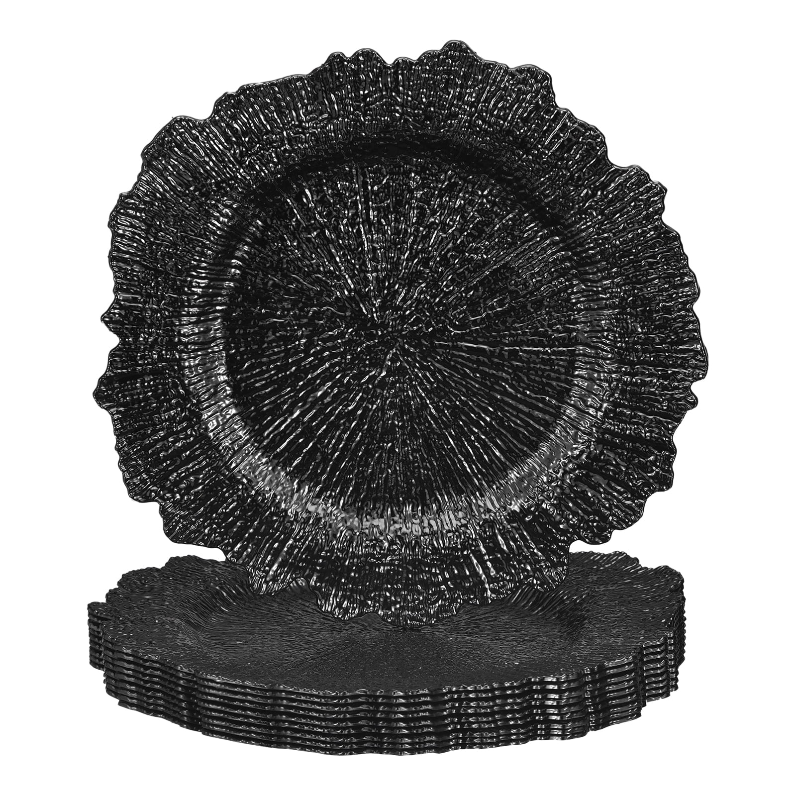 10pcs Reef Charger Plates Bulk, Plastic Floral Charger Plate for Dinner Wedding Party Table Decoration Black