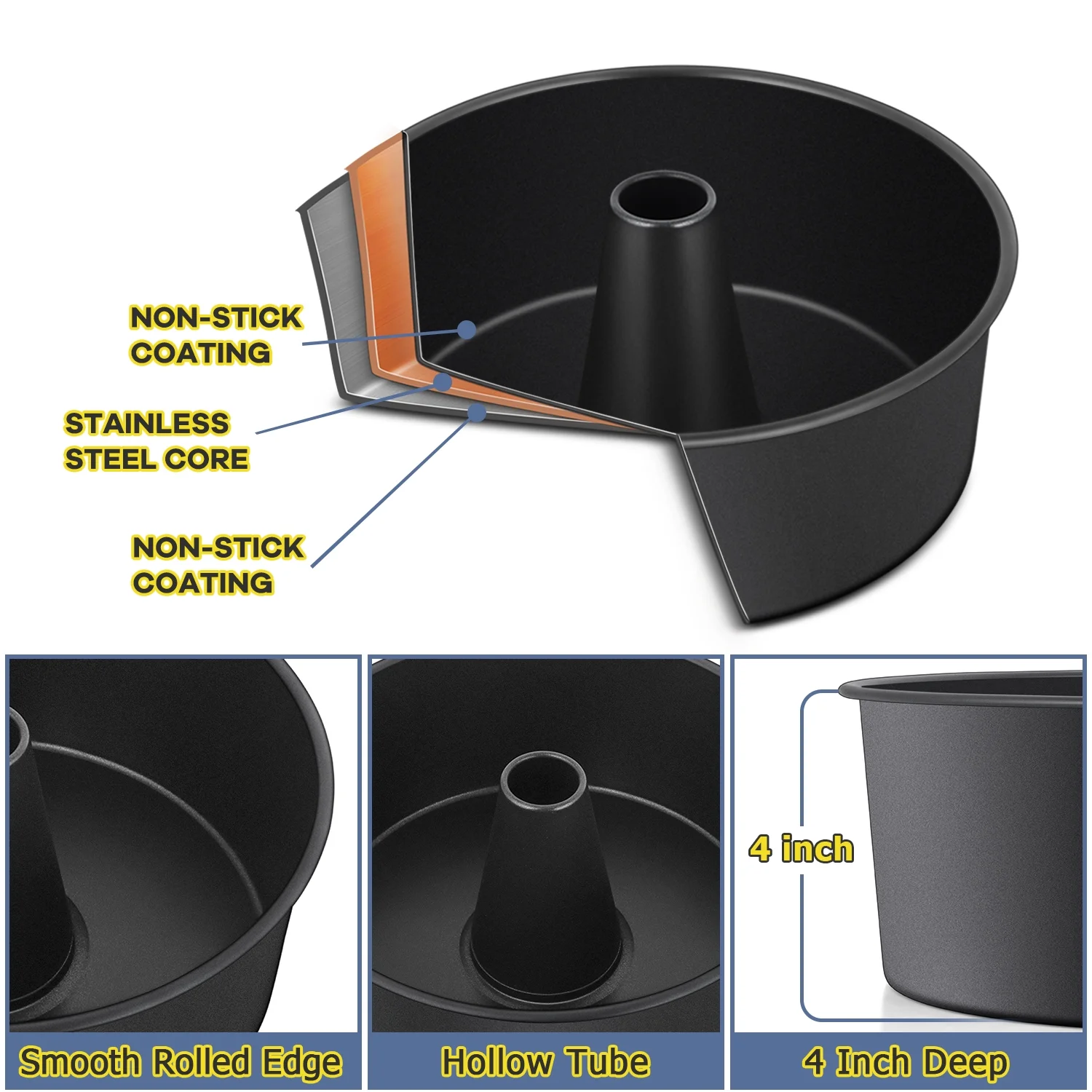 Vesteel 10 inch Cake Pan, Non-Stick Angel Food Cake Pan Chiffon Cake Mold Pound Cake Pan with Tube, Non-Toxic & Durable