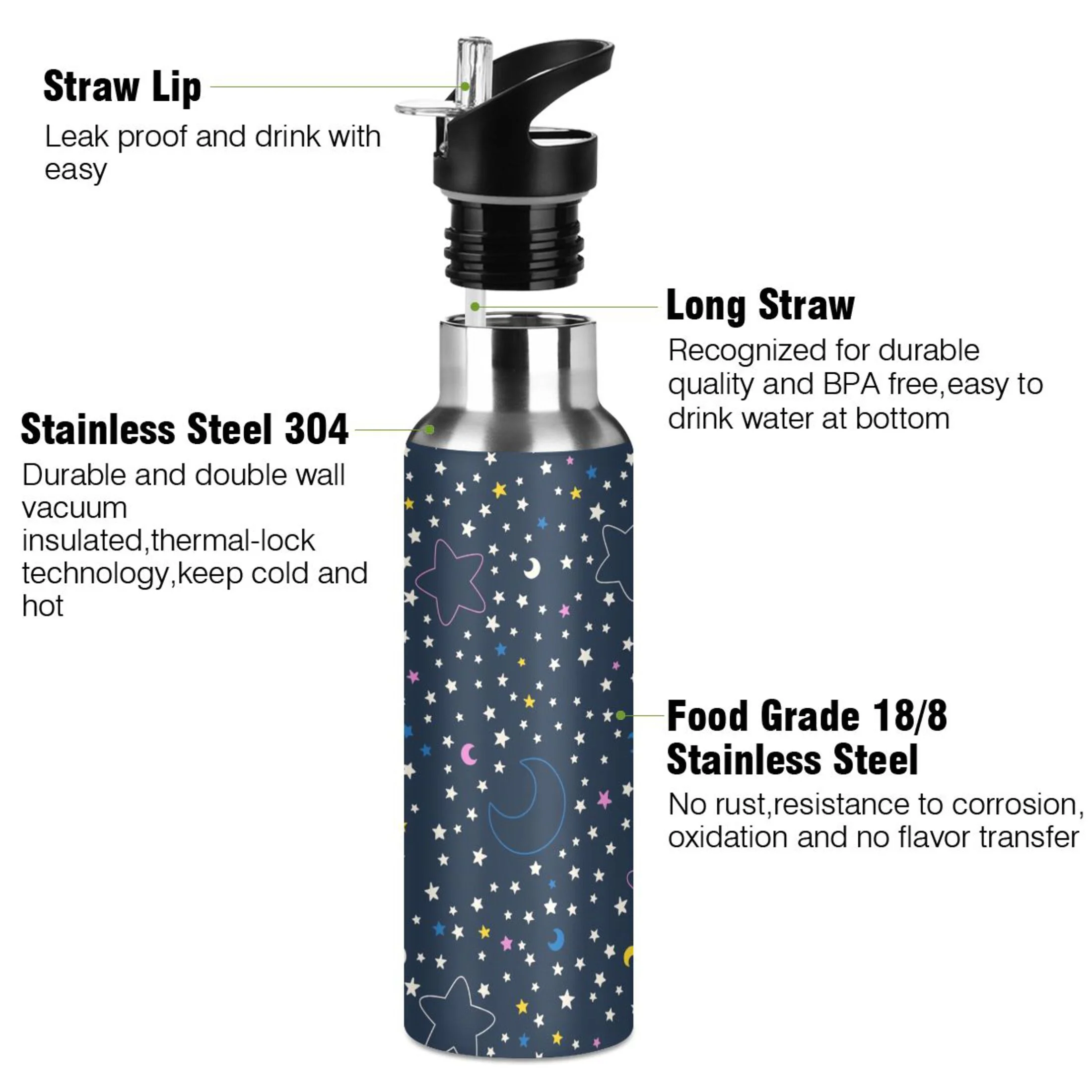 Water Bottle with Straw Lid Leak Space Colorful Cartoon Half Moon and Stars Stainless Steel Insulated Thermos Vacuum Flask for Cold Hot Drinking for Sports Camping Gym Yoga