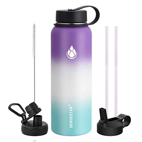 SENDESTAR Stainless Steel Water Bottle 40 oz Double Wall Vacuum Insulated Leak Proof Stainless Steel Sports Water Bottle—Wide Mouth w/Straw &Spout& Wide Mouth Flat Lids (Sweet Taff)