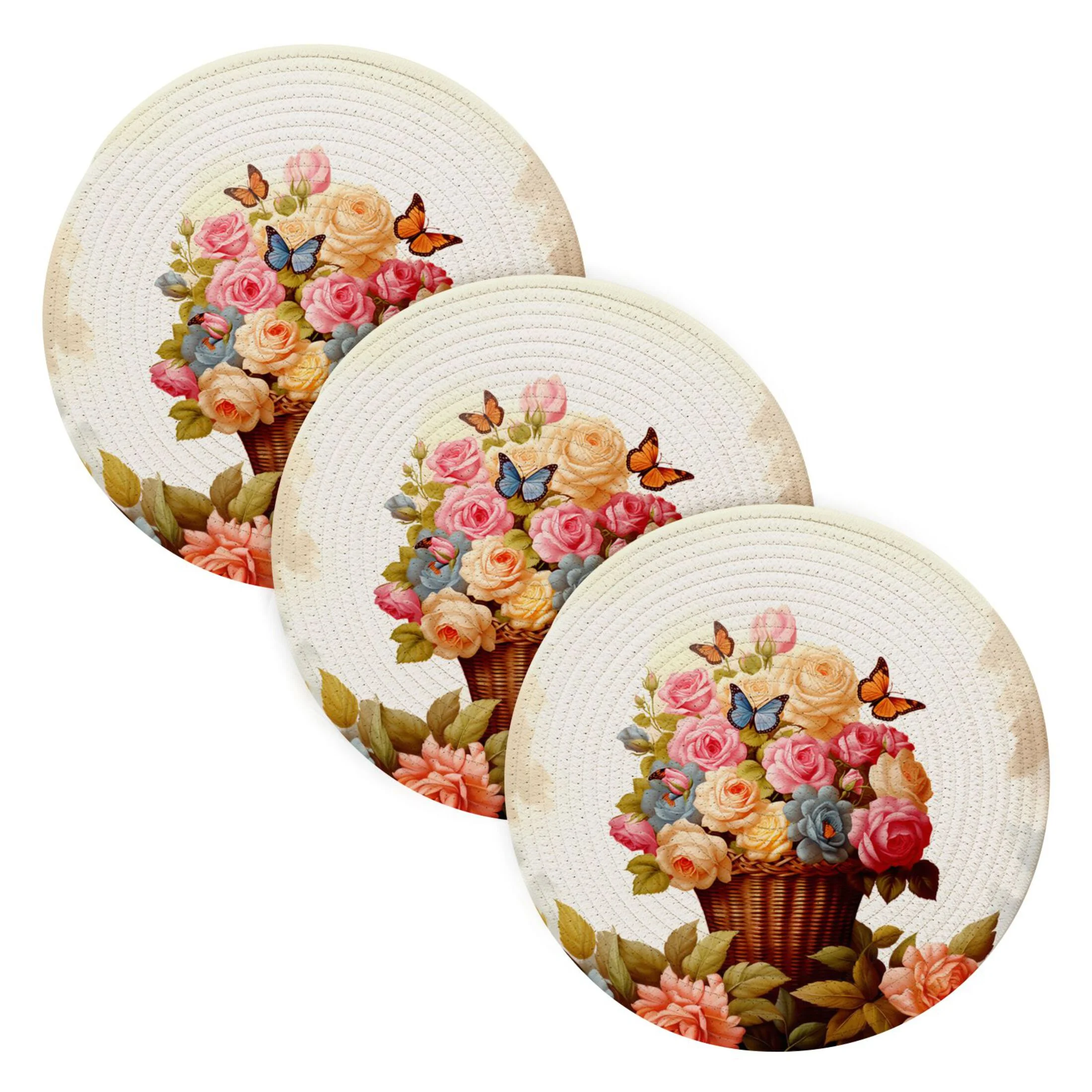 Butterfly on Multi Rose Flowers 3 PCs Pot Holders Trivets Kitchen 15