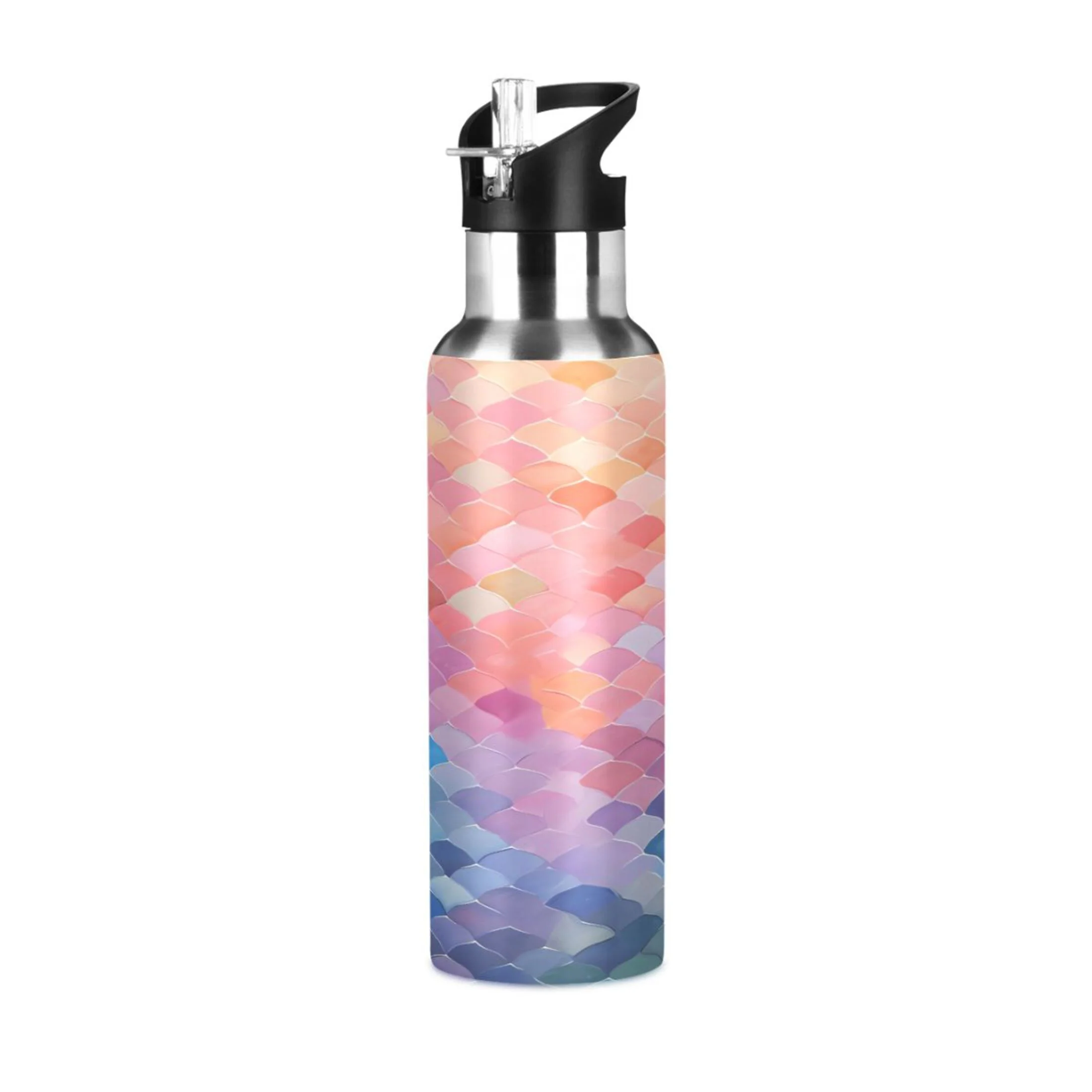 Water Bottle with Straw Lid Leak Pink Colorful Stainless Steel Insulated Thermos Vacuum Flask for Cold Hot Drinking for Sports Camping Gym Yoga