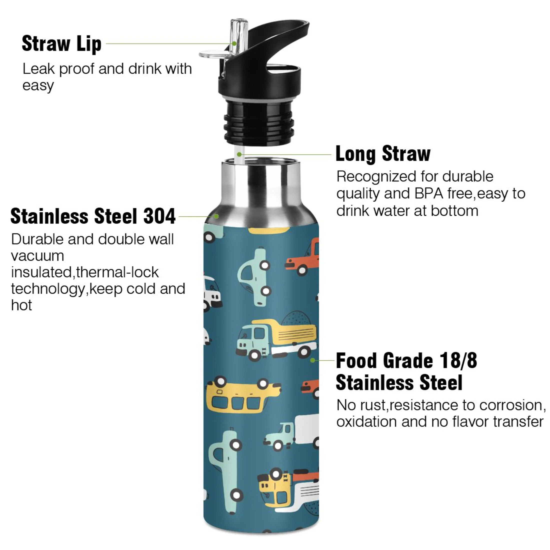 Water Bottle with Straw Lid Leak Car Childish Truck Stainless Steel Insulated Thermos Vacuum Flask for Cold Hot Drinking for Sports Camping Gym Yoga
