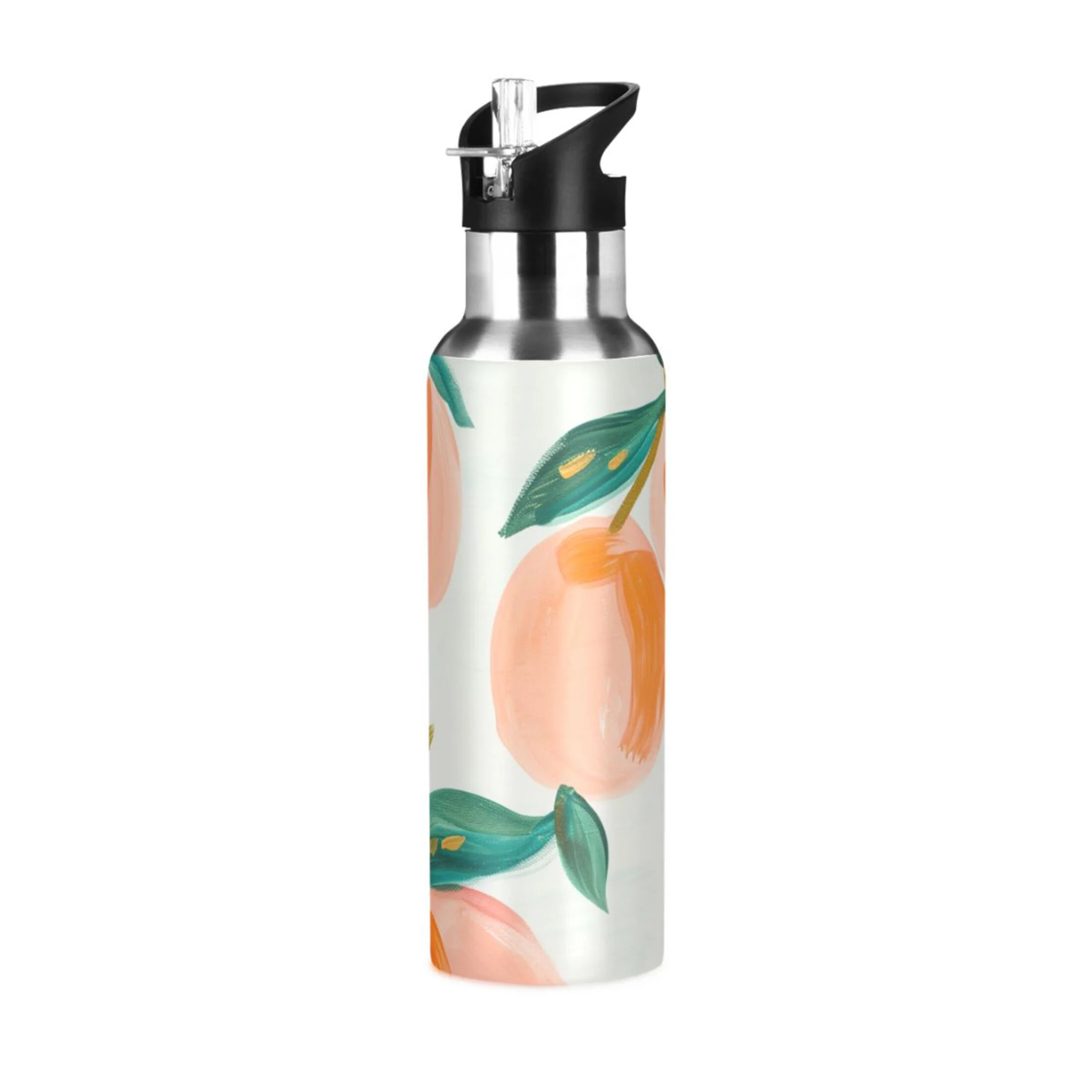 Peach Fruit Water Bottles Insulated Thermos Kids Stainless Steel Bottle with Straw Lid Flask Leakproof for Sports Gym 20 oz