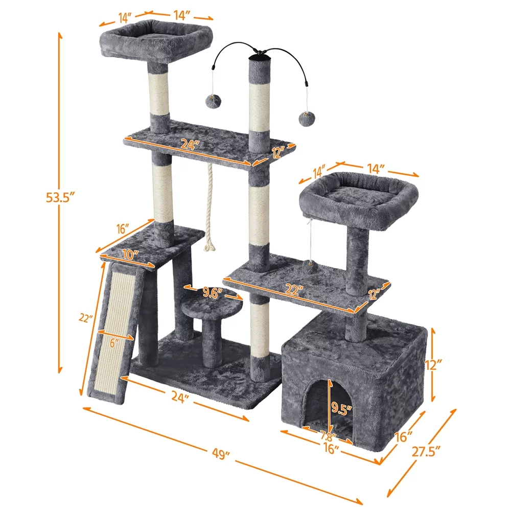 Yaheetech Multilevel Plush Cat Tree Cat Tower with Sisal Scratching Posts Perches Condos, Dark Gray