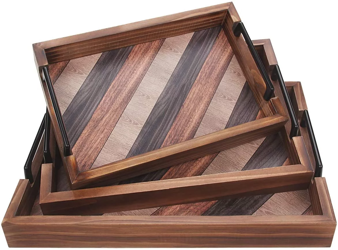Wood Serving Tray with Handles, Rustic Decorative, Set of 3