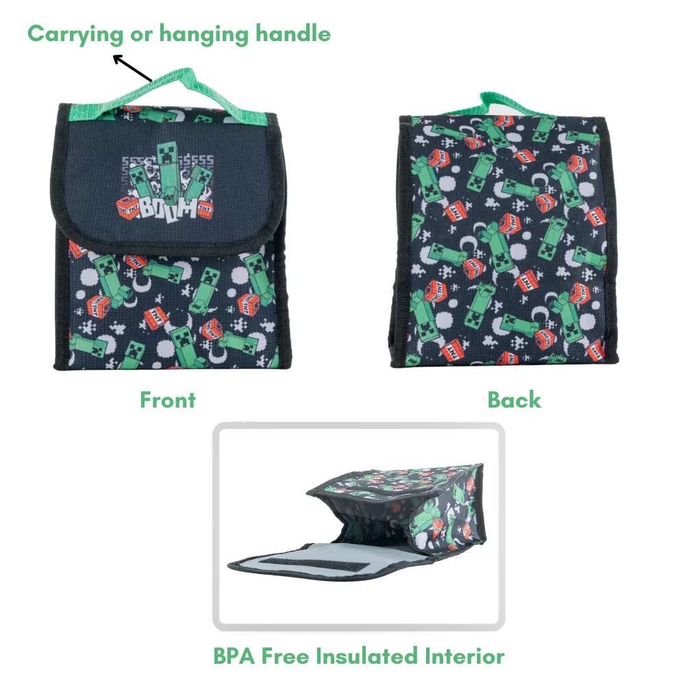 Minecraft Kids Backpack with Lunch Bag Water Bottle and Pencil Pouch 5 Pc 16 inch Black