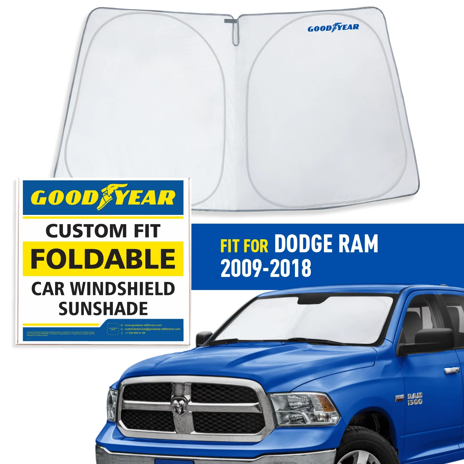 Goodyear Foldable Windshield Sun Shade for Dodge Ram 2009-2018, Custom-Fit Car Windshield Cover, Car Sunshade, Vehicle Sun Protector, Auto Car Window Shades for Front Window - GY008243