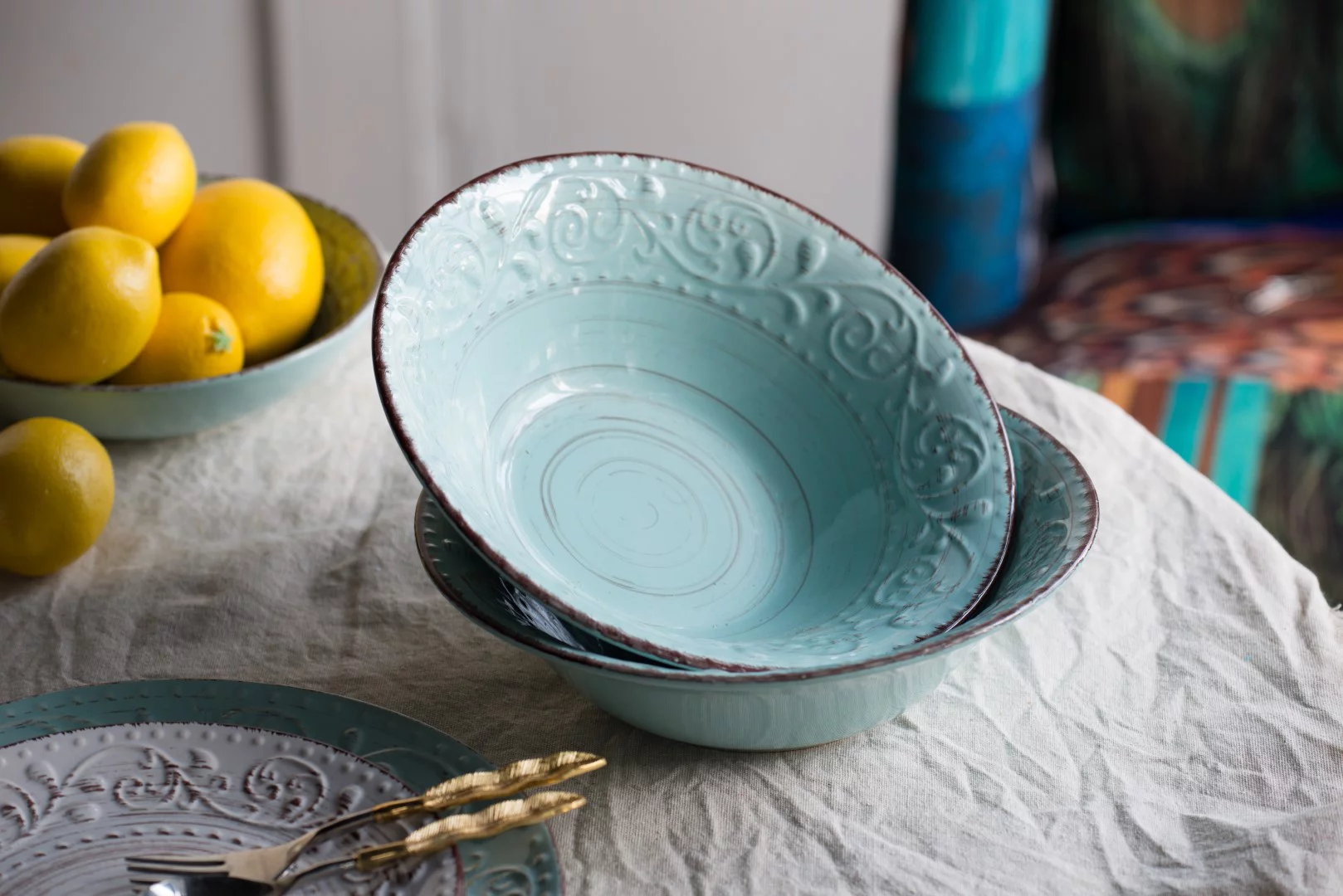 Rustic Flare Serving Bowl, Antiqued Turquoise-Color:Antiqued Turquoise,Style:Classic Vintage