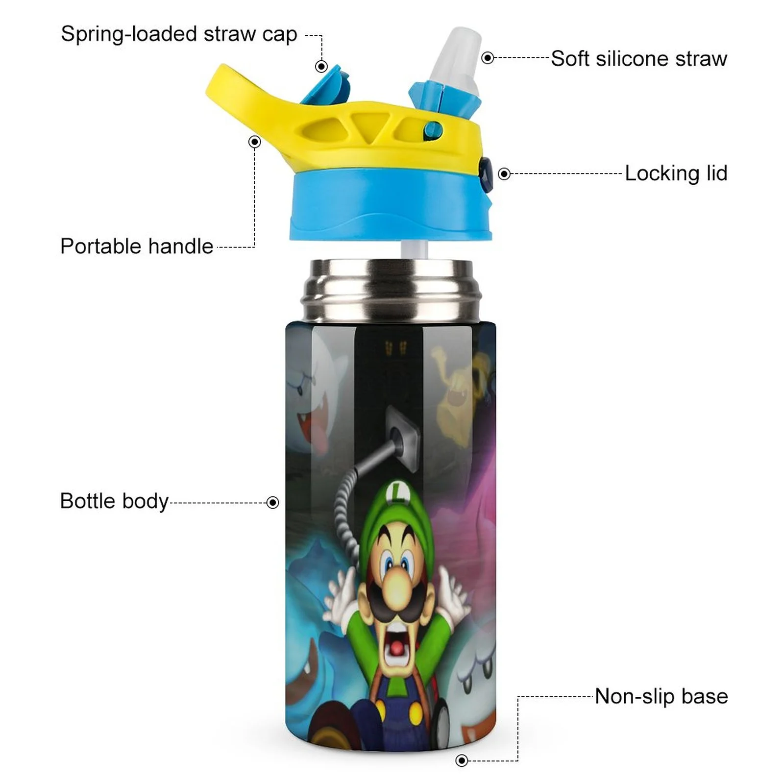 Cartoon Scary Luigi's Mansion Kid's Insulated Water Bottle With Straw Vacuum Stainless Steel Cup Leak-Proof Children Toddler Thermoses