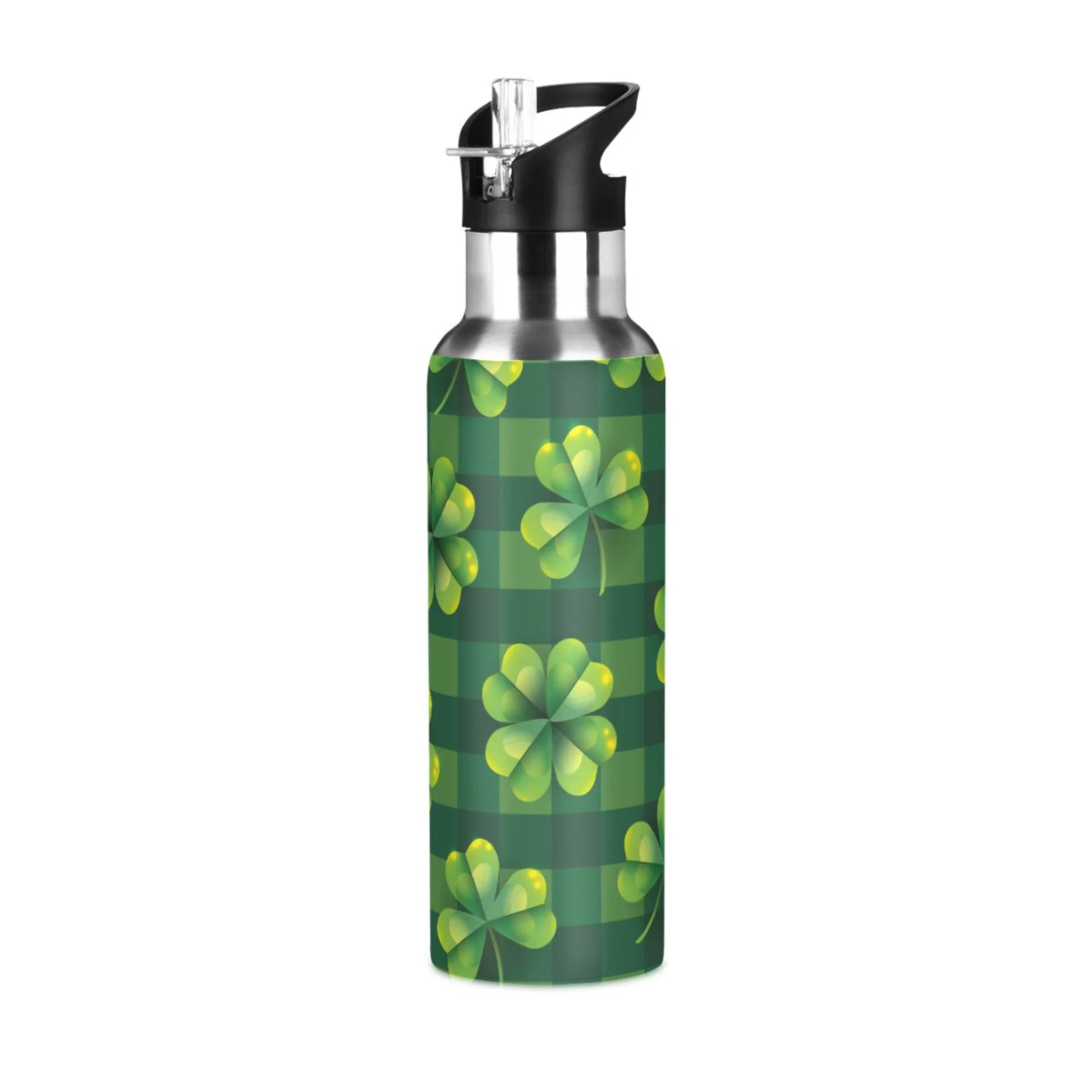 Stainless Steel Water Bottle St Patricks Green Clover Shamrock with Straw Lid Vacuum Insulated Leak Proof Flask Jug for Gym Travel Sports Cycling Outdoor 20 OZ