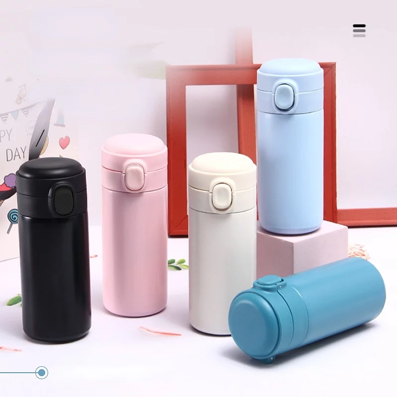 Stainless Steel Water Bottle 14oz White Straight Thin Kids Cup Straw Cup with Pop black lid