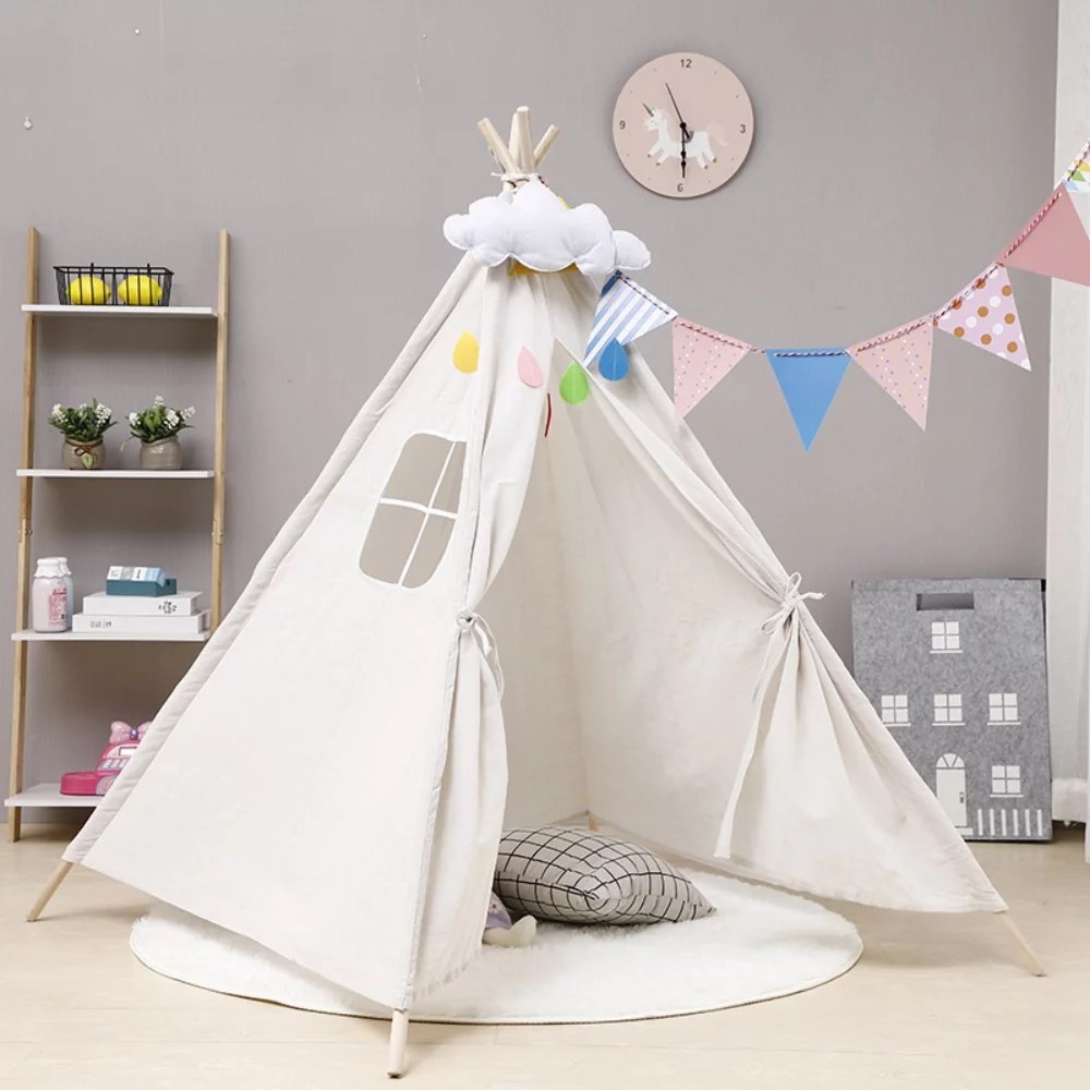 Kids Teepee Tent, Natural Cotton Canvas Children Tent - Boriyuan Washable Foldable Teepee Tent for Kids Indoor Tent, Outdoor Play Tent for Girls & Boys (White)