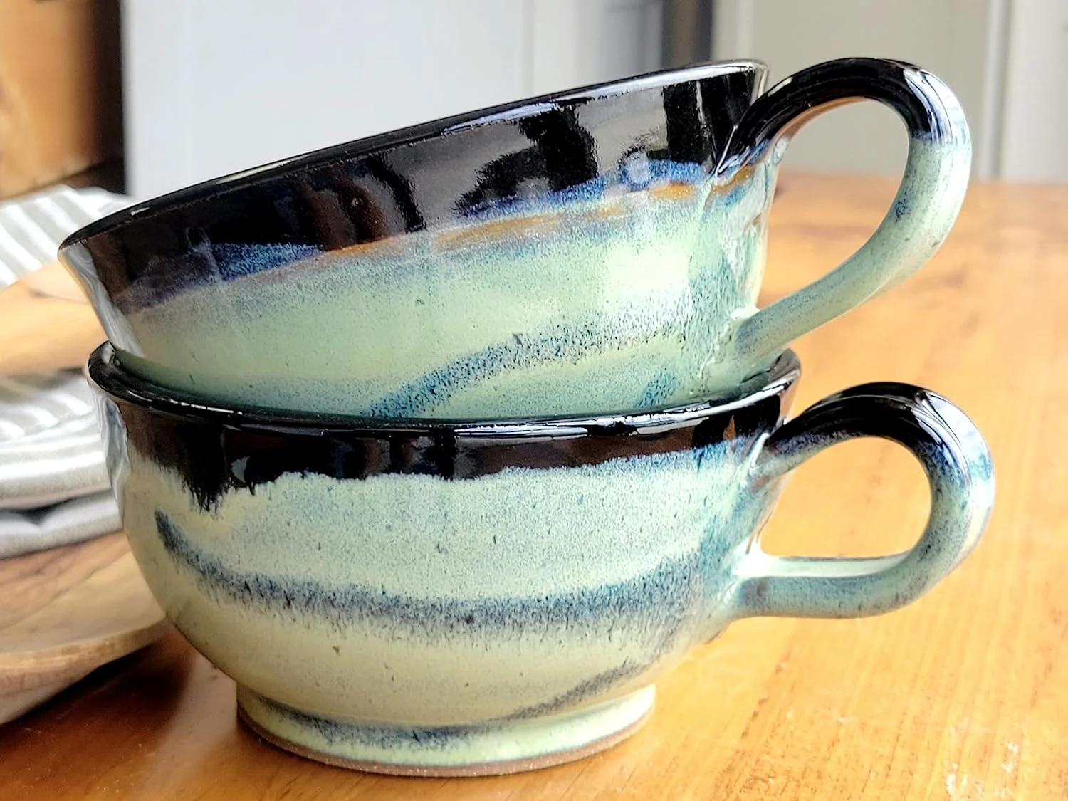 Farmhouse Soup Bowls With Handles Set Of 2 Deep Large - Hanging Kitchen Chowder Mugs - Handmade Pottery Decor (Green W/Black)