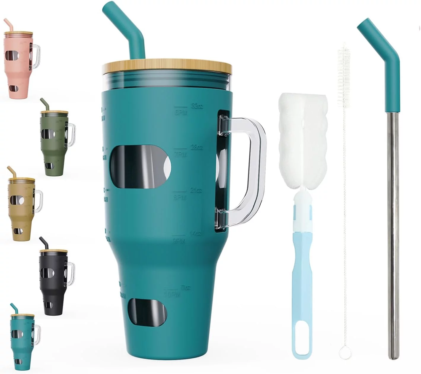 AYAOQIANG 32 Oz Tumbler with Lid and Straw, Glass Water Bottle with Handle, Glass Cup with Time Marker and Sleeve, Fits in Cup Holder BPA Free Dark Turquoise