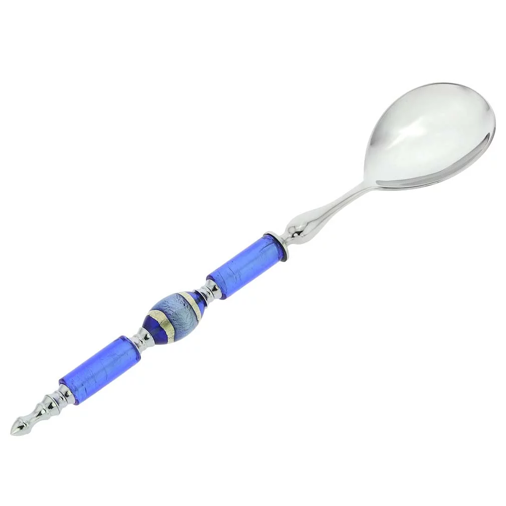 GlassOfVenice Italian Murano Glass Salad Spoon - Silver Blue Stripes