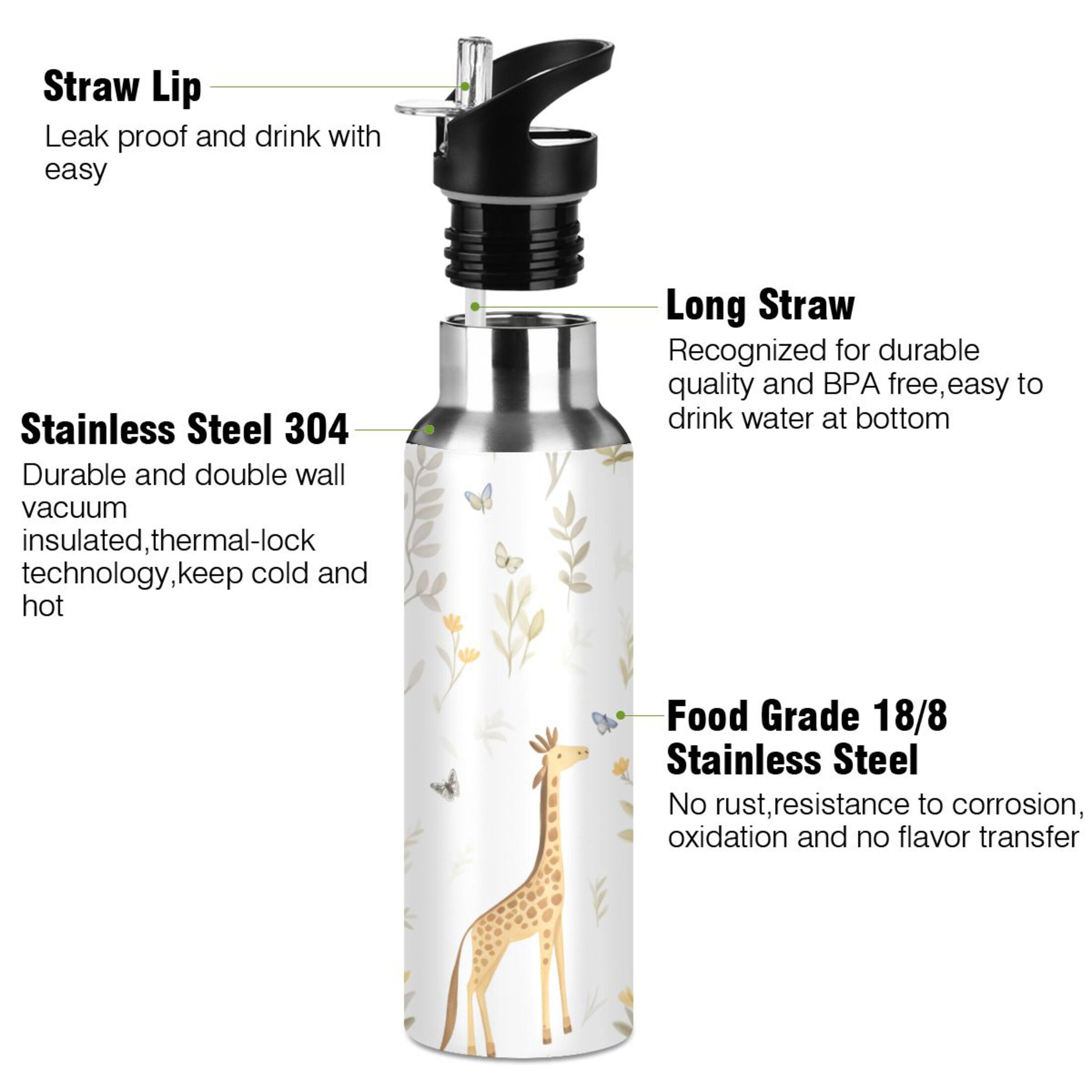 Giraffe in Trees Water Bottles Insulated Thermos Kids Stainless Steel Bottle with Straw Lid Flask Leakproof for Sports Gym 20 oz