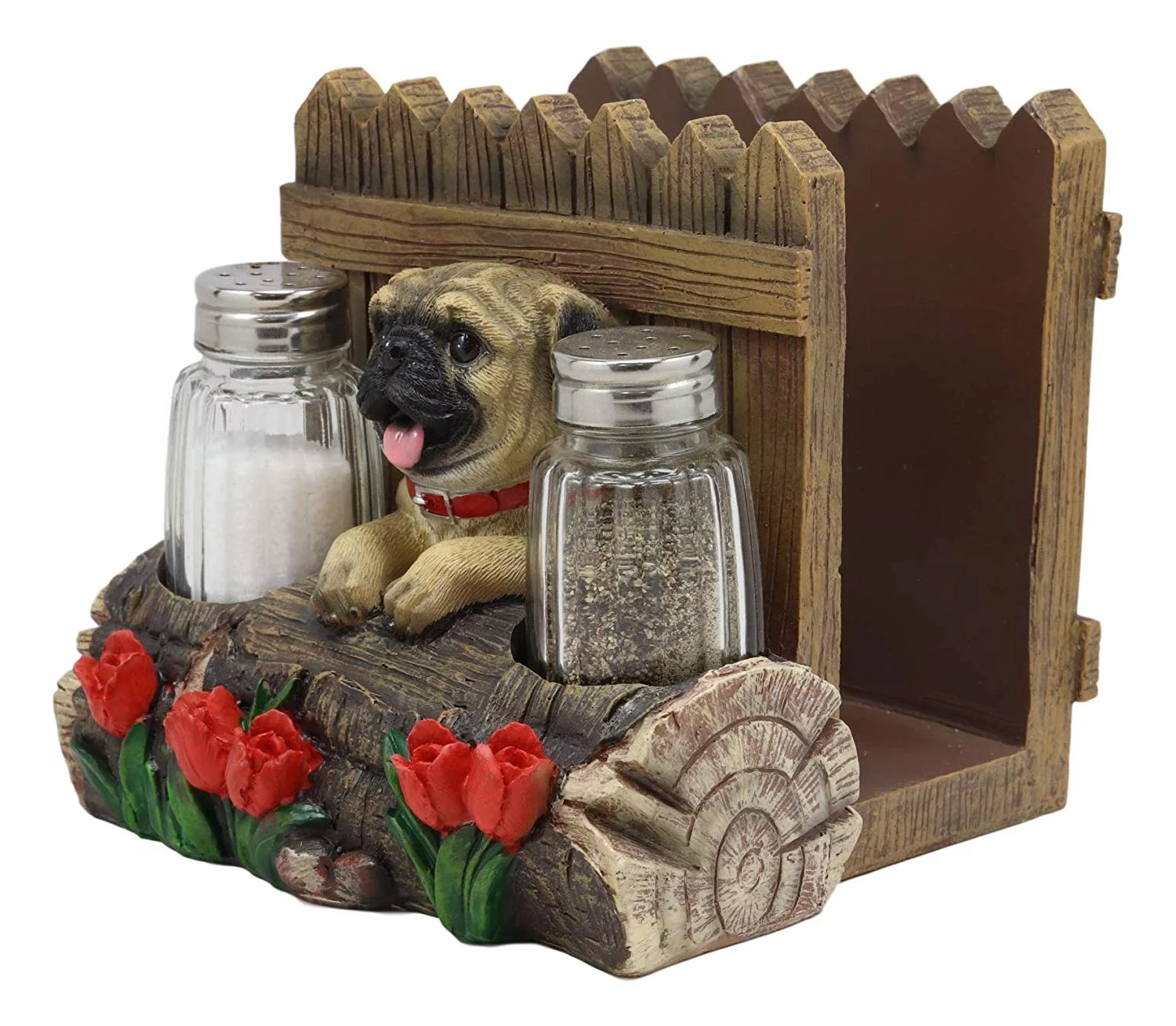 Panting Pug Dog By Fences & Flower Bed Dinner Napkin Salt Pepper Shakers Holder