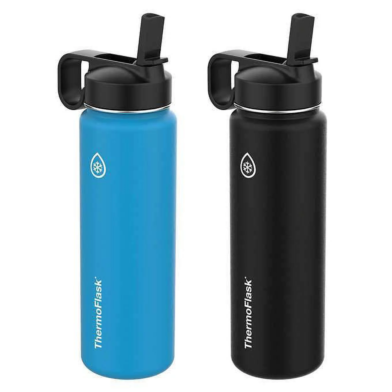 Thermoflask Stainless Steel 24oz Water Bottle with Straw Lid, 2-pack Blue/Black