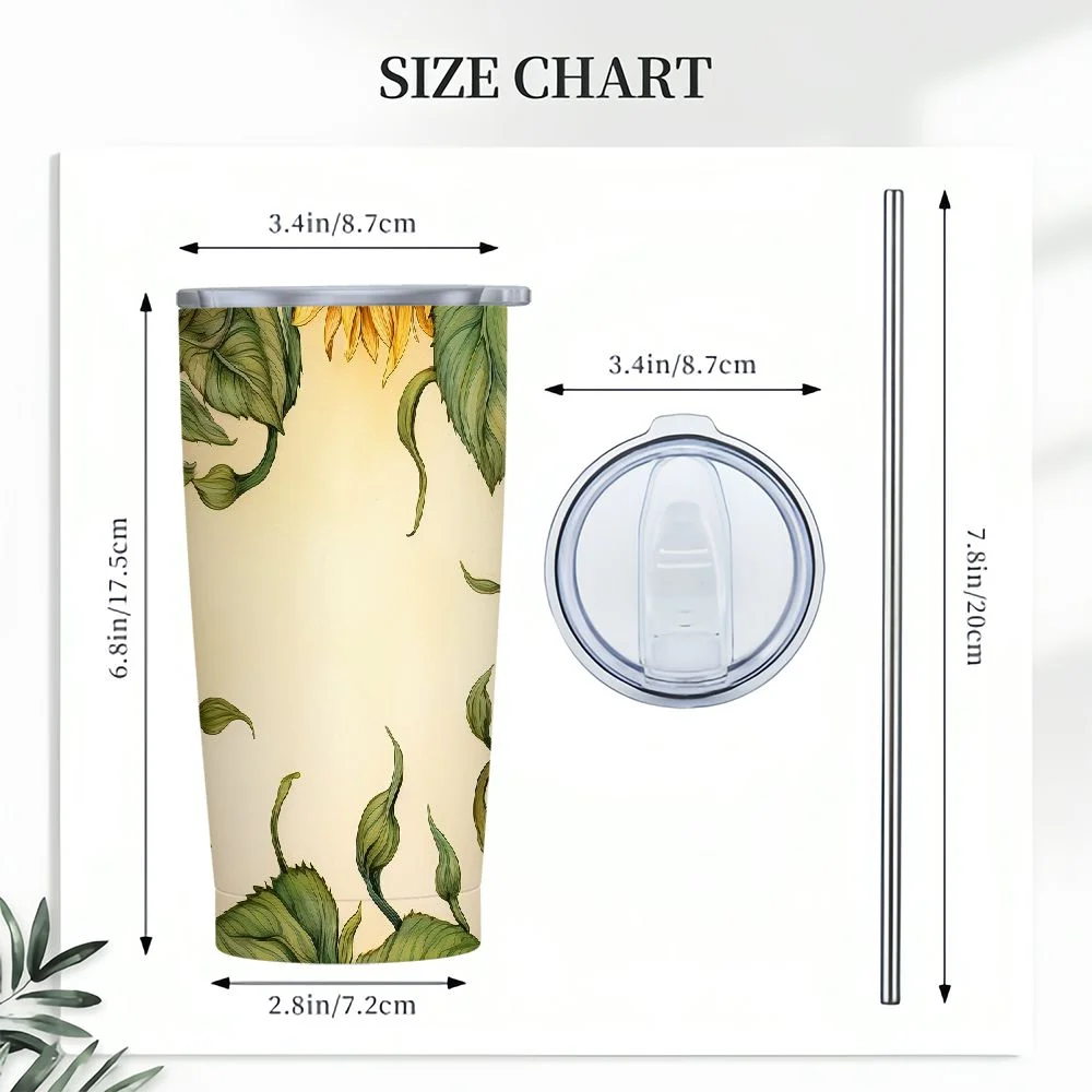 JEUXUS VIKIS 20 oz Insulated Double Wall Stainless Steel Tumbler with Spill Proof Lid and Reusable Straw, Water Bottle Coffee, Sunflower Gnomes Cup Mug Tumbler (Sunflowers)