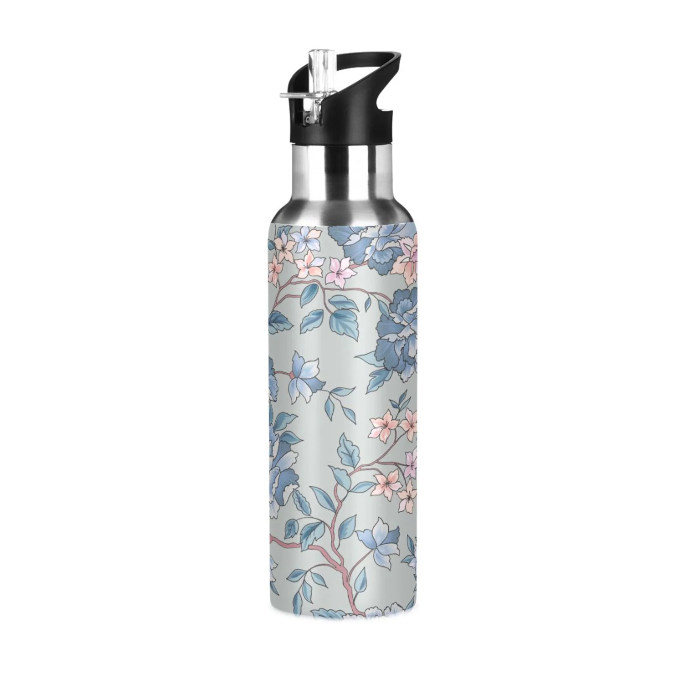 Water Bottle with Straw Lid Leak Retro Blue Flowers Stainless Steel Insulated Thermos Vacuum Flask for Cold Hot Drinking for Sports Camping Gym Yoga