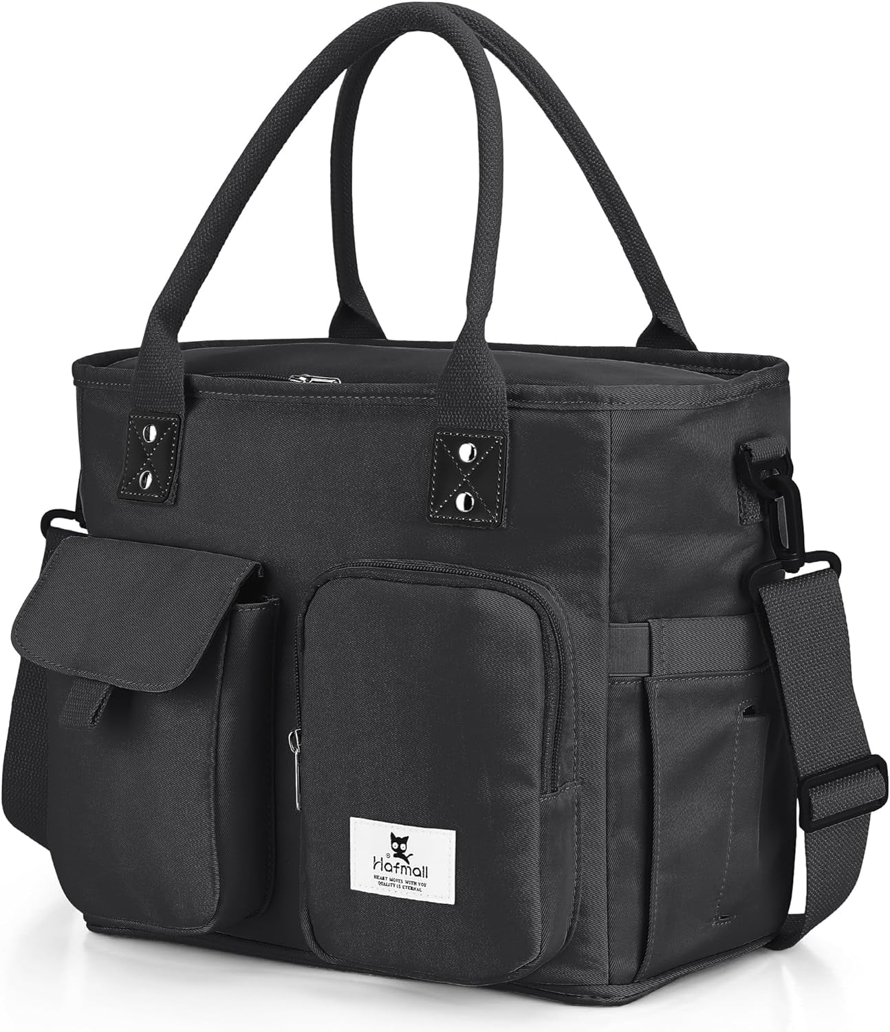 Hafmall Large Insulated Lunch Bag for Women Men, Leakproof Lunch Box for Adults, Wide Opening Lunch Tote Bag with Shoulder Strap, Reusable Lunch Cooler Bag for Work, Picnic, Black