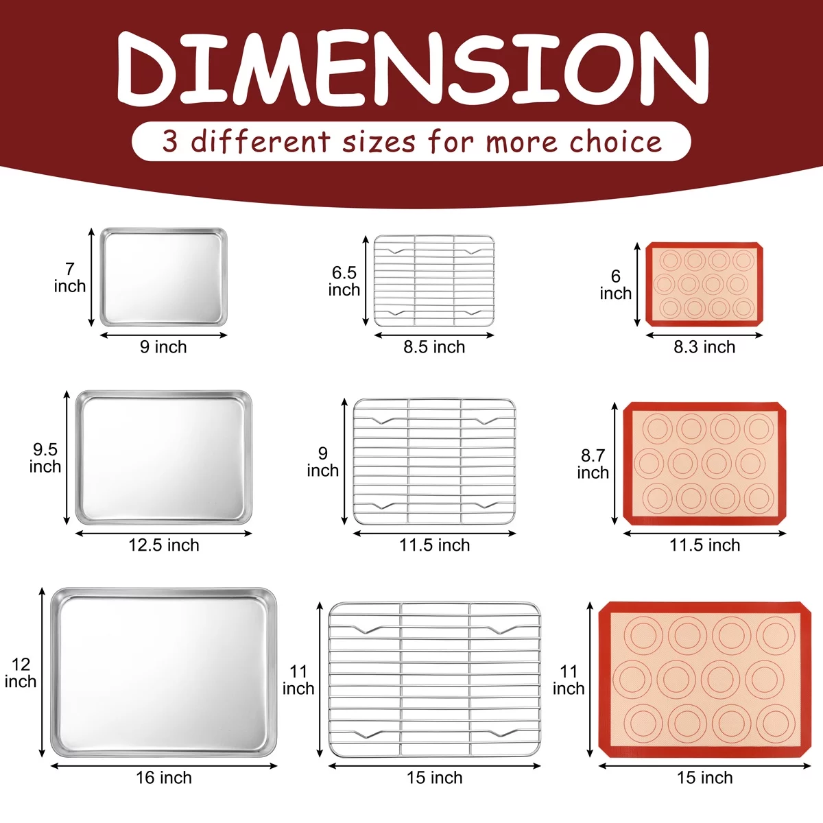 Vesteel Stainless Steel Baking Sheet Tray Cooling Rack with Silicone Baking Mat Set, Cookie Pan with Cooling Rack Set of 9 (3 Sheets + 3 Racks + 3 Mats), Heavy Duty & Dishwasher Safe