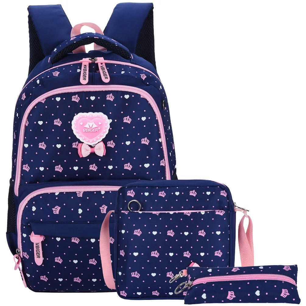 Vbiger School Backpack for Girls: 3 in 1 Schoolbag with 2 Mini Bags, Cross-Body Bag and Money Pouch for Students Between 7-16 Years Old, Dark Blue