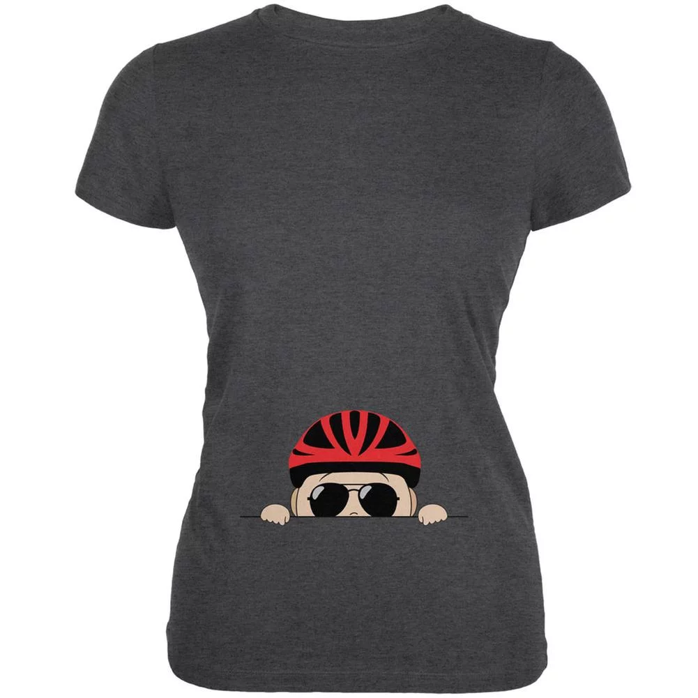 Peeking Baby Bike Helmet Sunglasses Dark Heather Juniors Soft T-Shirt - X-Large