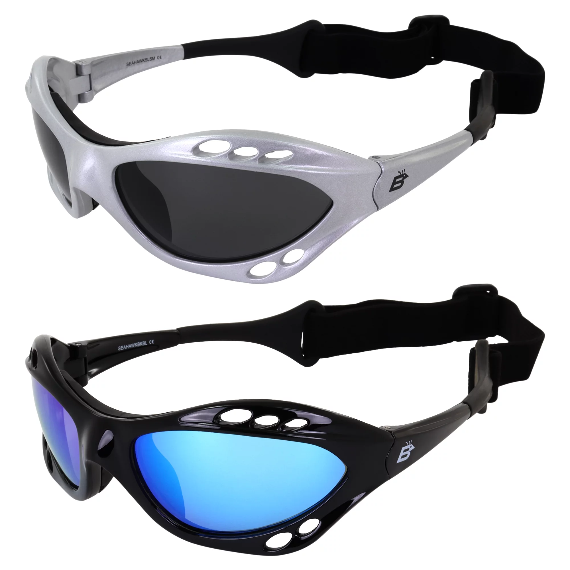 2 Pairs Birdz Seahawk Padded Polarized Sunglasses w/Strap Water Sports Surfing Kayaking Jetski Silver w/Smoke Lens Black w/Green Mirror Lens