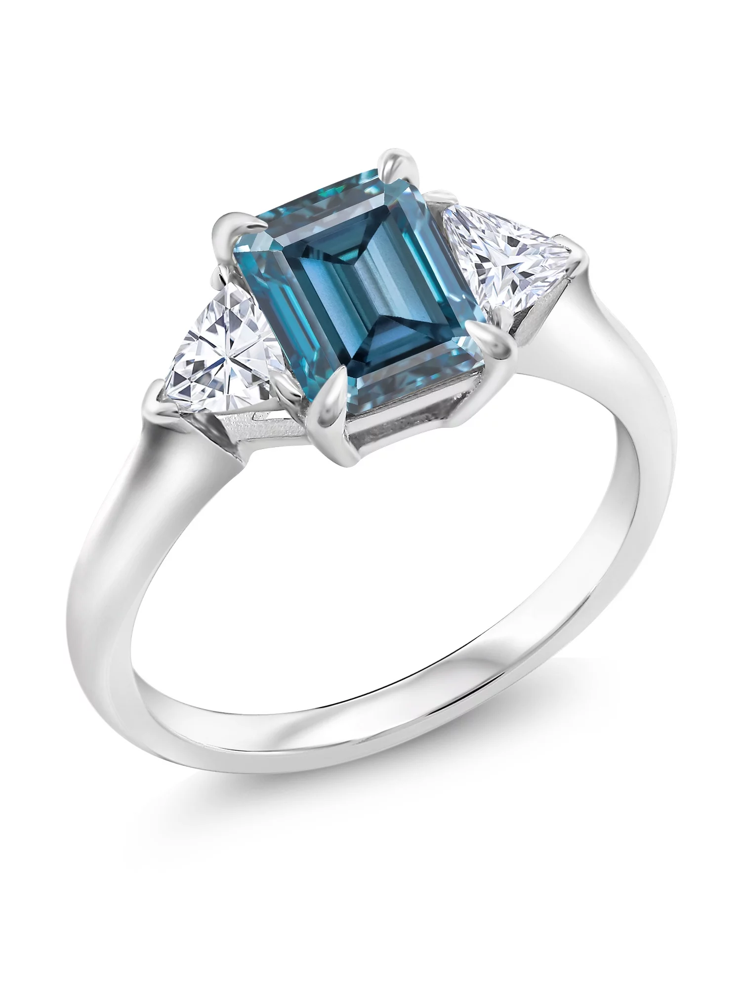925 Sterling Silver Persian Blue Moissanite and Moissanite from Charles & Colvard 3-Stone Ring For Women (1.80 Cttw, 8X6MM Octagon, 3.5 Trillion, Gemstone Birthstone, Size 5, 6, 7, 8, 9)
